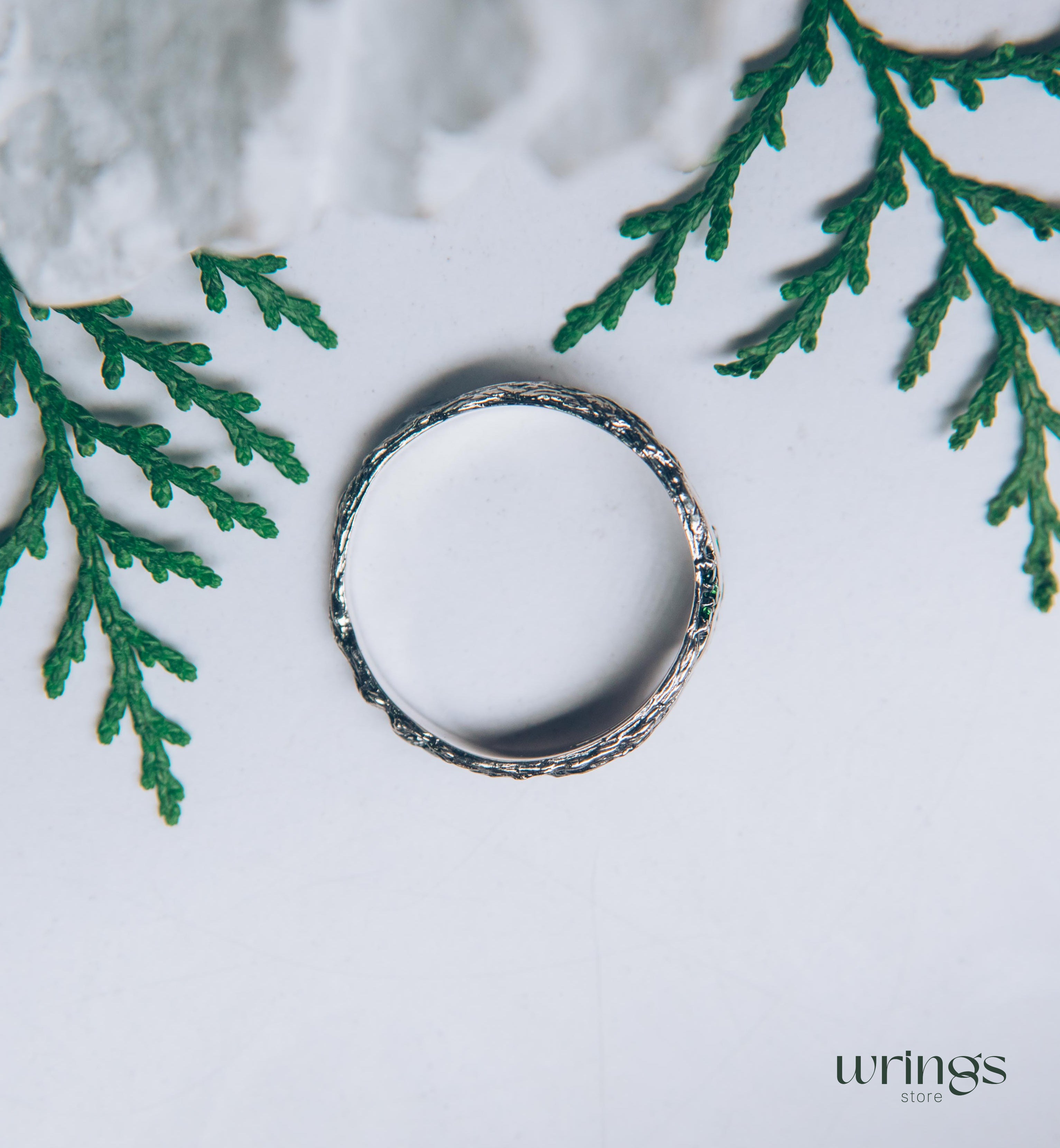 Silver Chevron Wedding Ring with Cute Tiny Emeralds