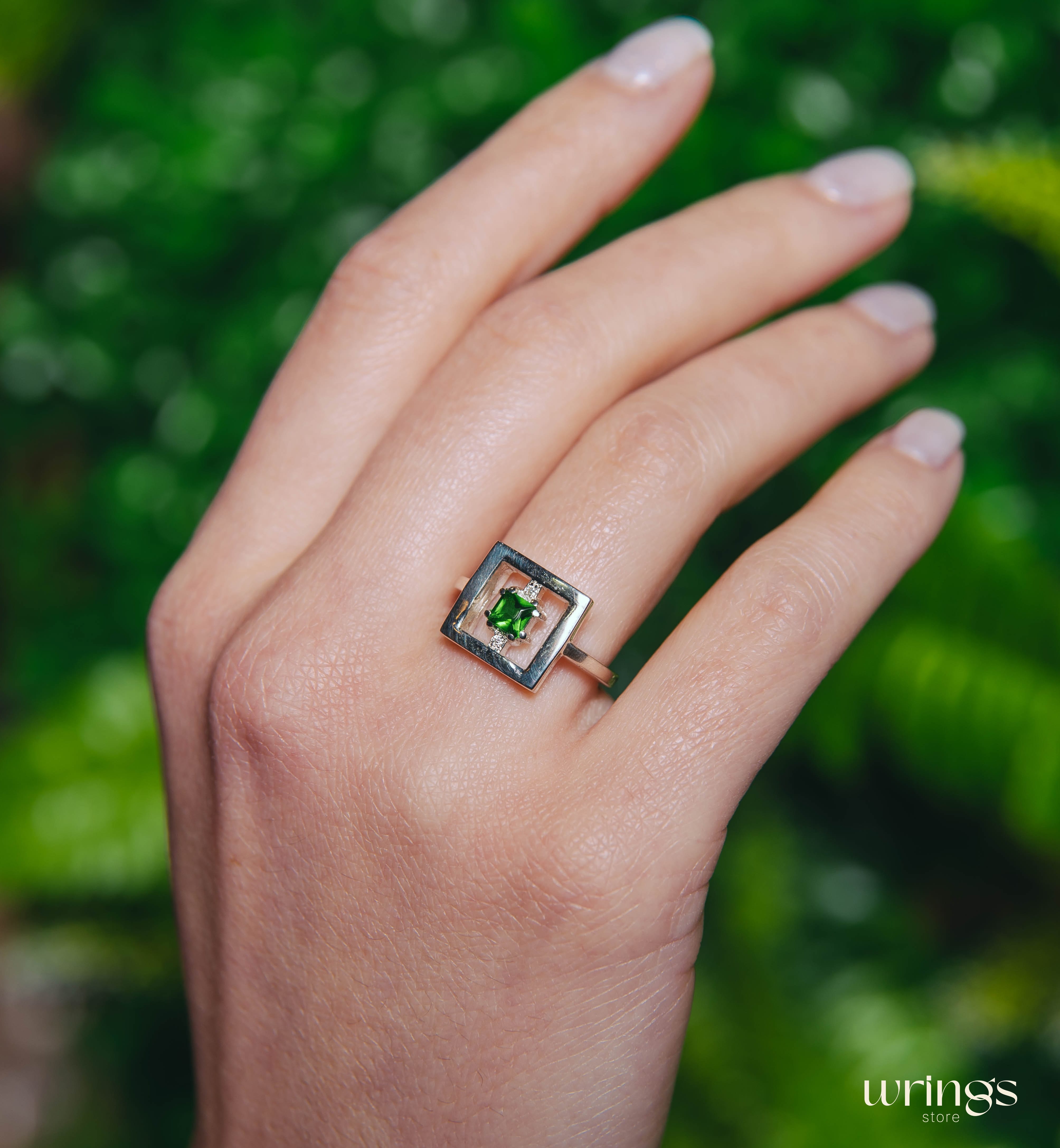 Open Silver Square Cocktail Ring with Custom Gemstone