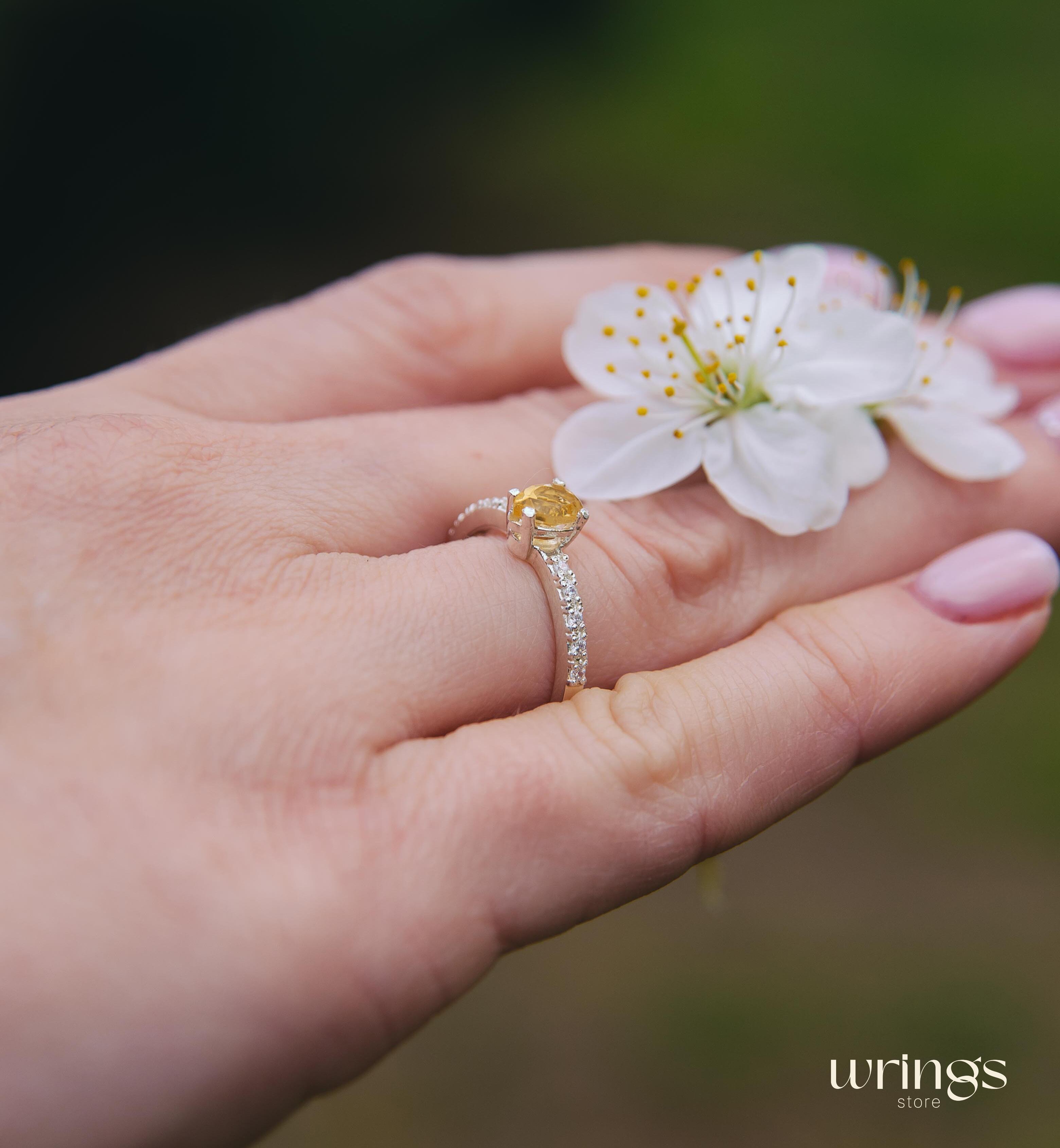 Pear cut Citrine Side Stone Engagement Ring Silver