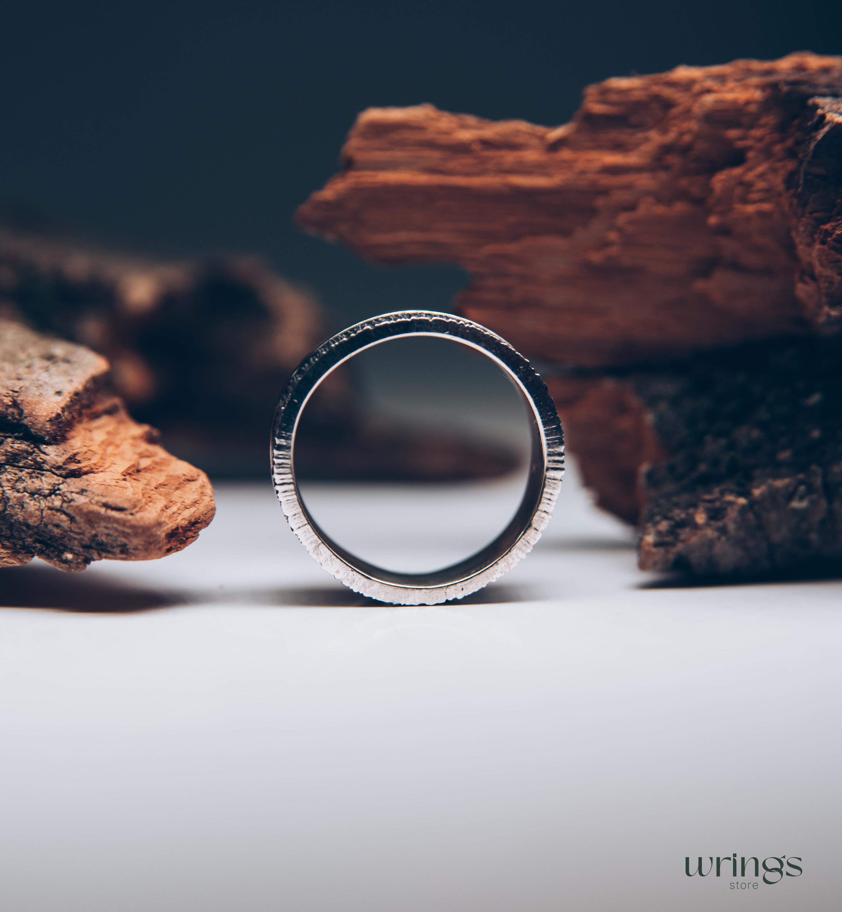 Double Textured Silver Tree Bark Wedding Band Rustic Style