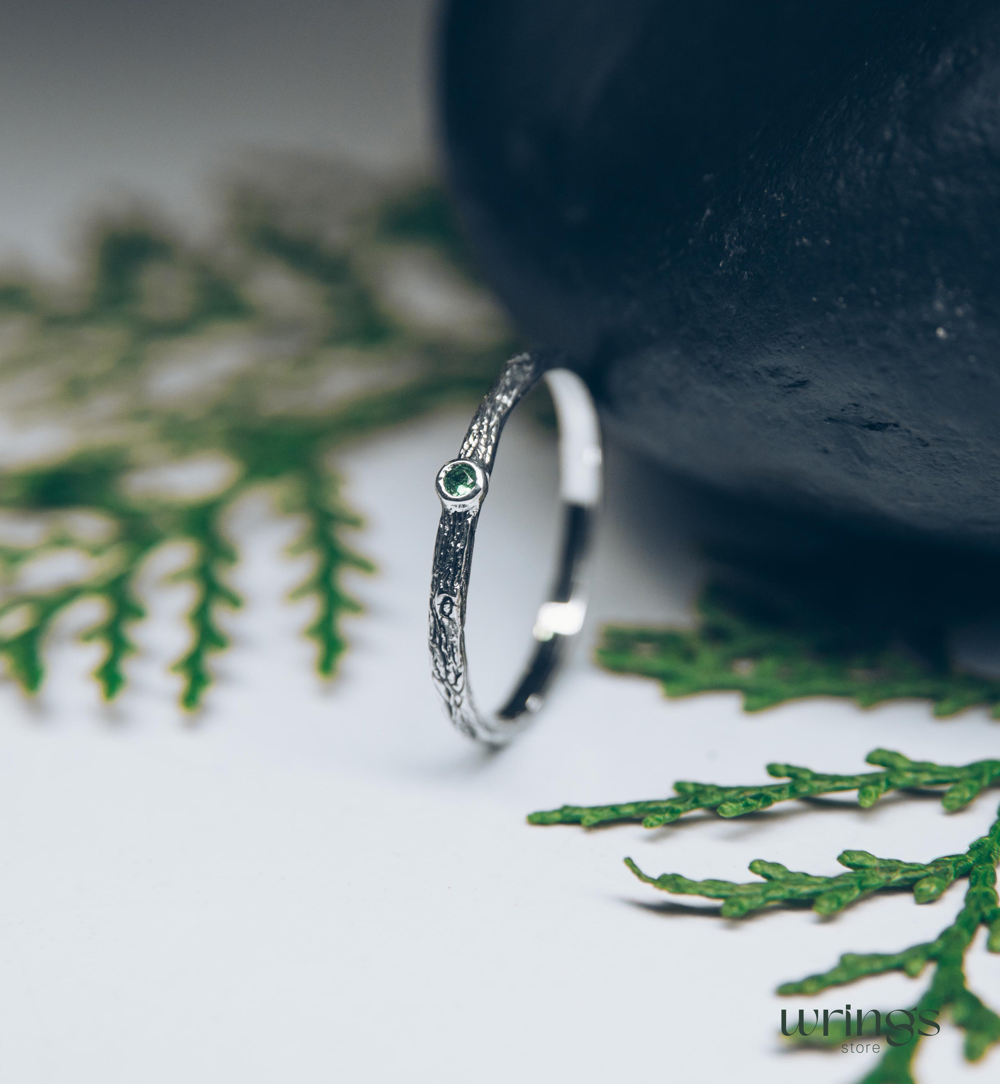 Extra Tiny Silver Branch Wedding Band with Emerald