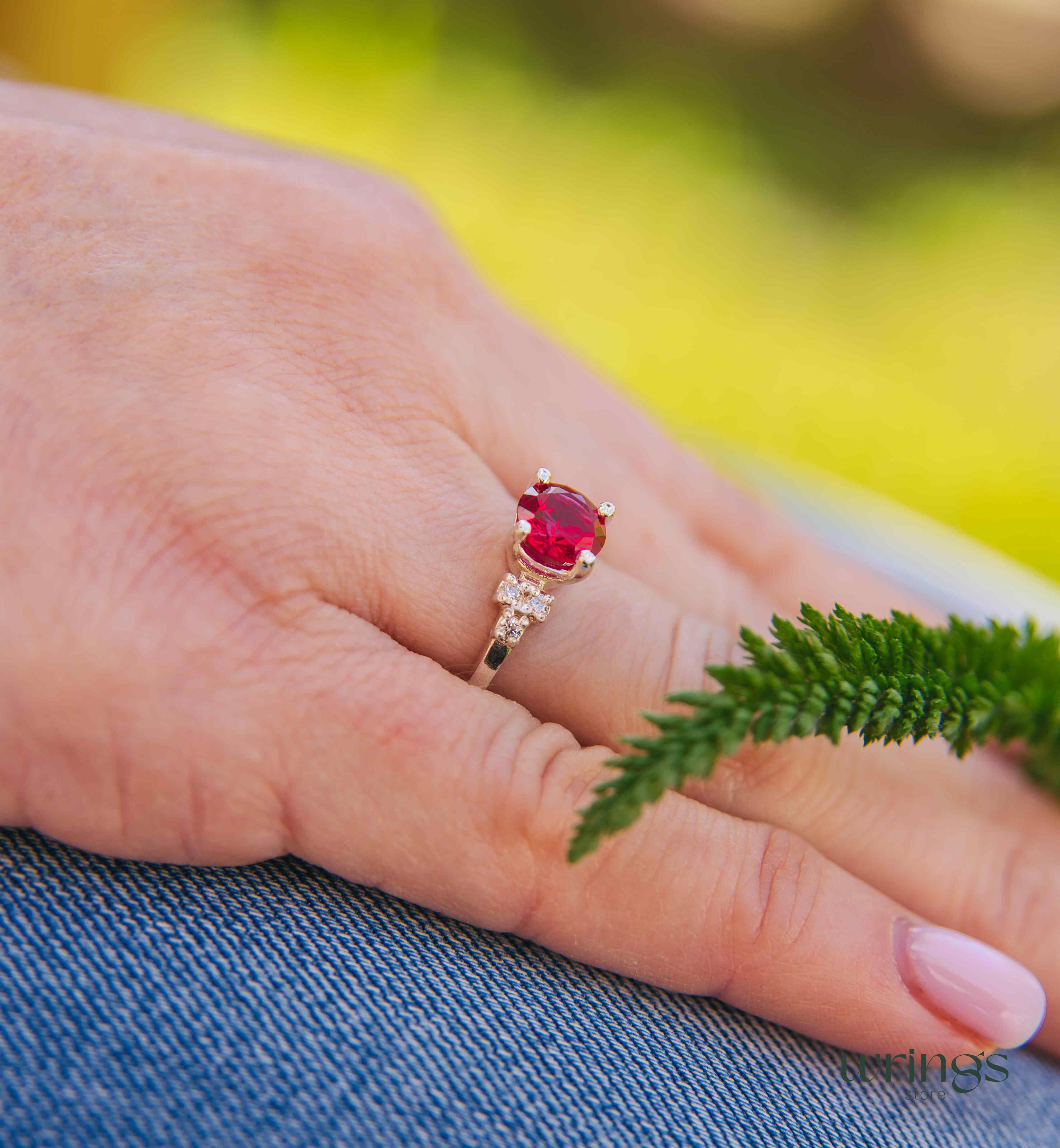 Large Simulated Ruby Engagement Ring Cluster Side Stones