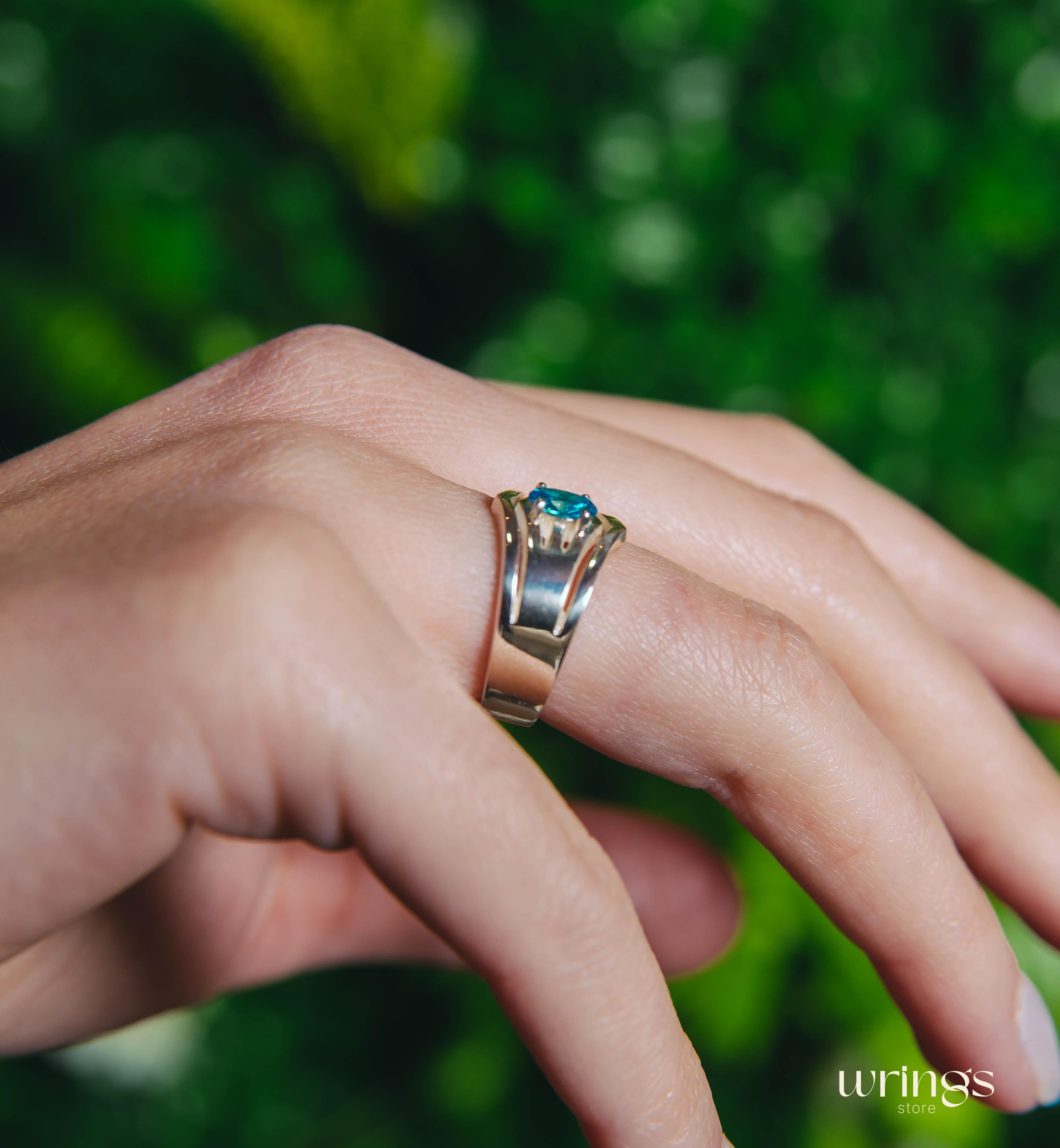 Double V-shaped Cocktail Oval Blue Topaz Ring Silver