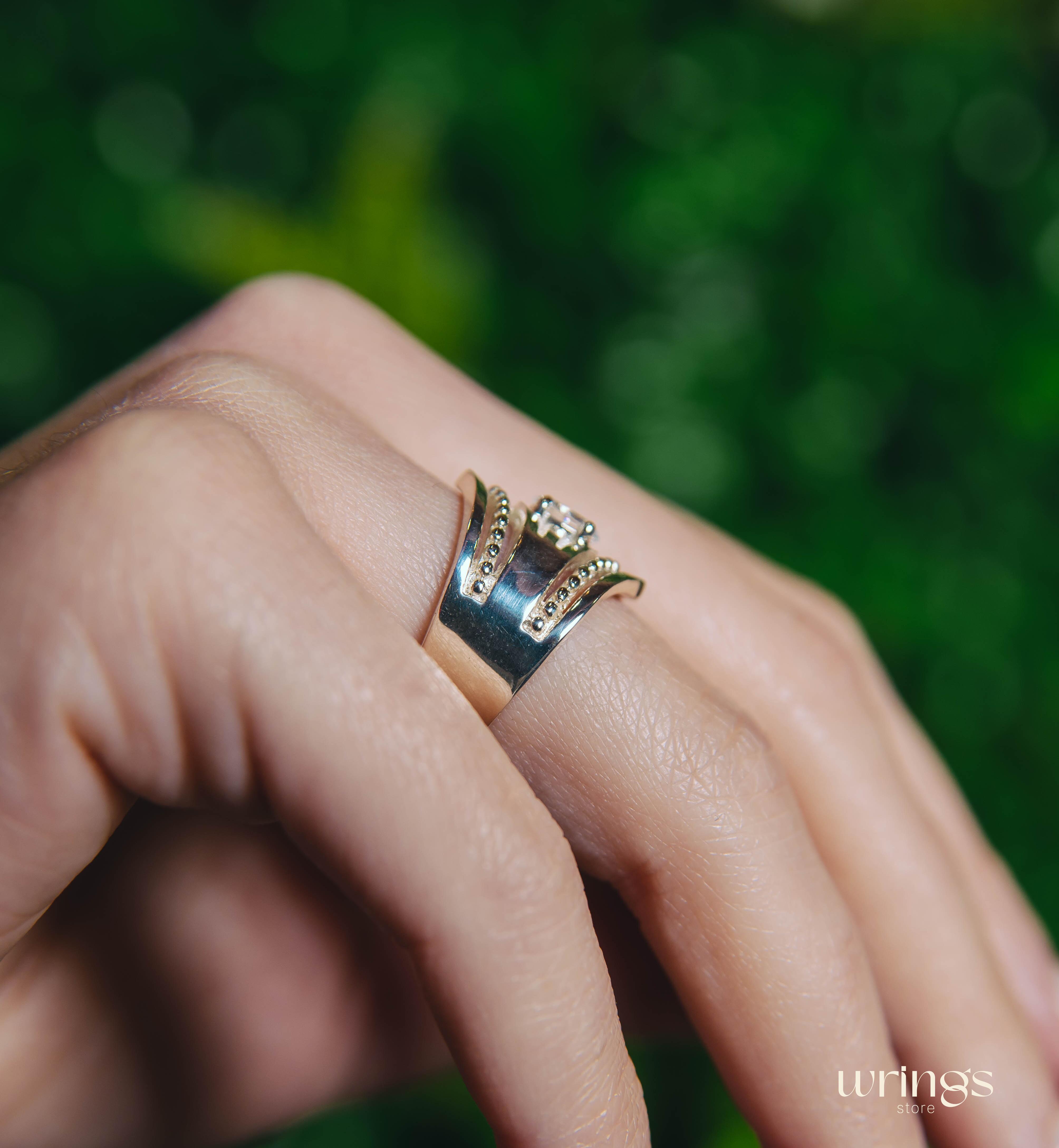 Extra Wide Beaded Chevron Cocktail Ring White Stone