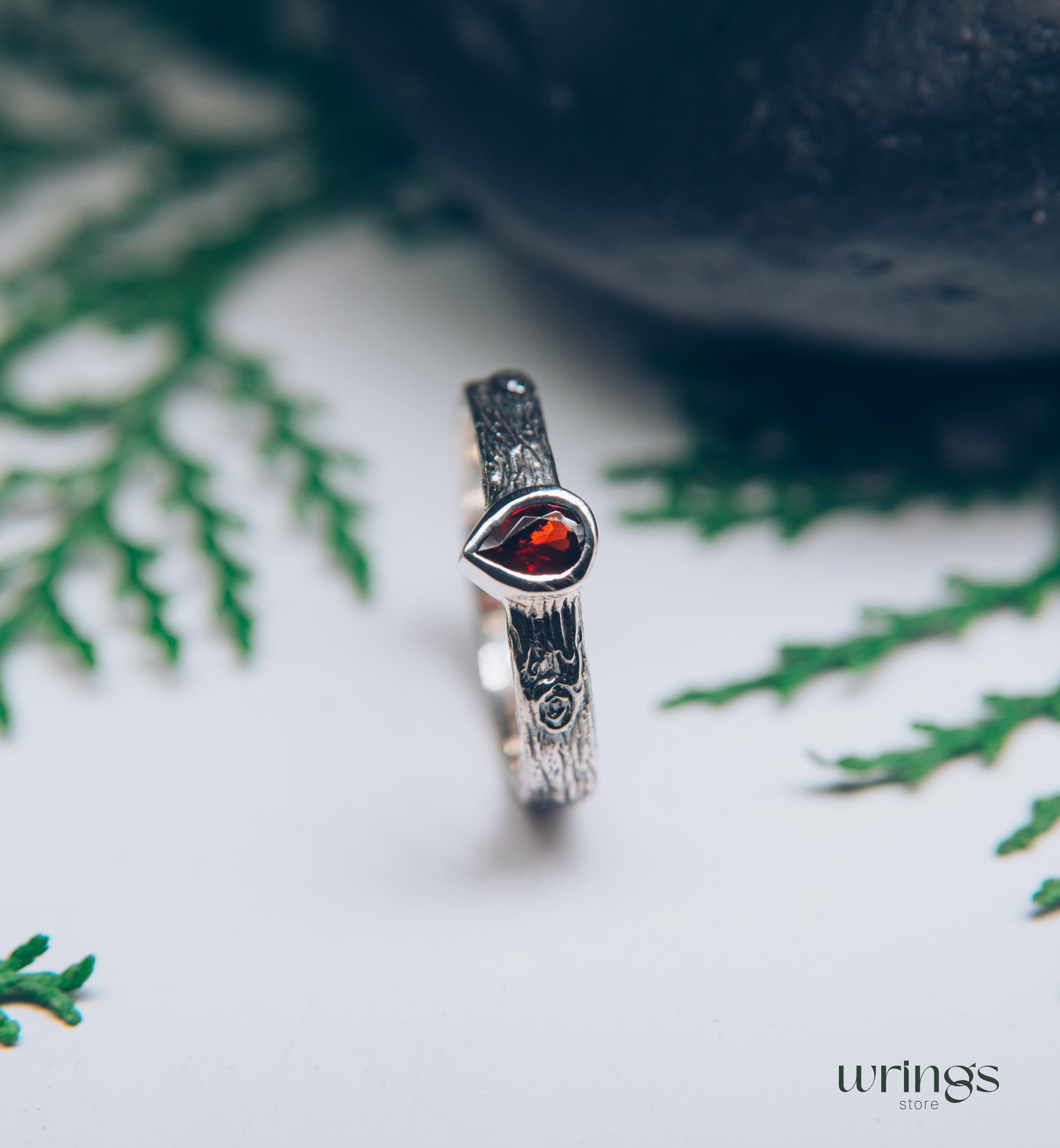 Pear cut Garnet Ring with Sterling Silver Tree bark