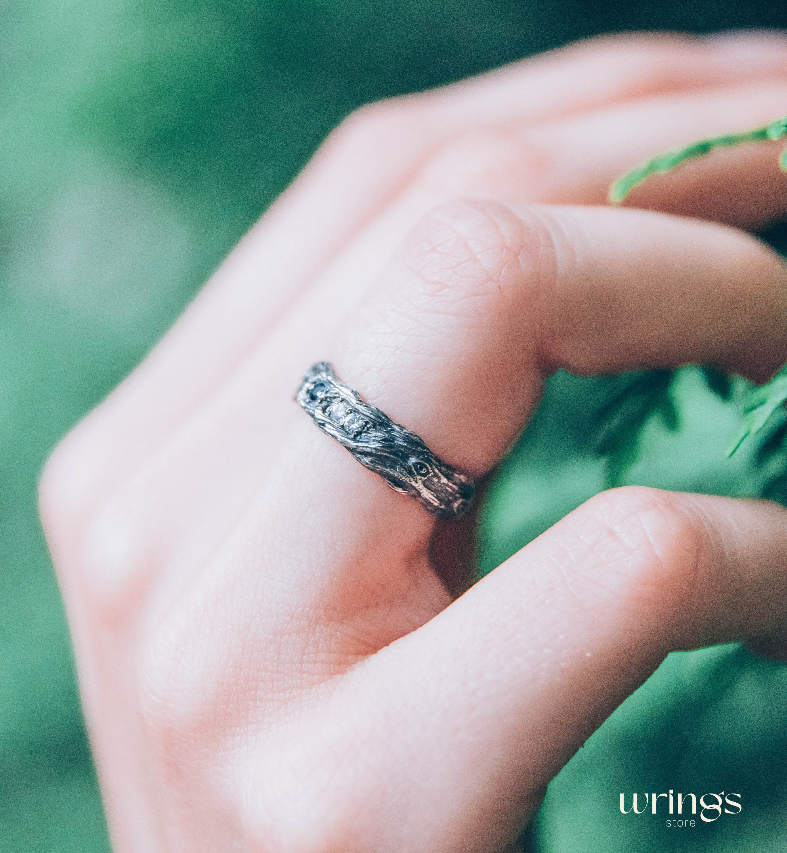 Unusual Tree Bark Sapphire Wedding Ring adorned with side CZ Accents