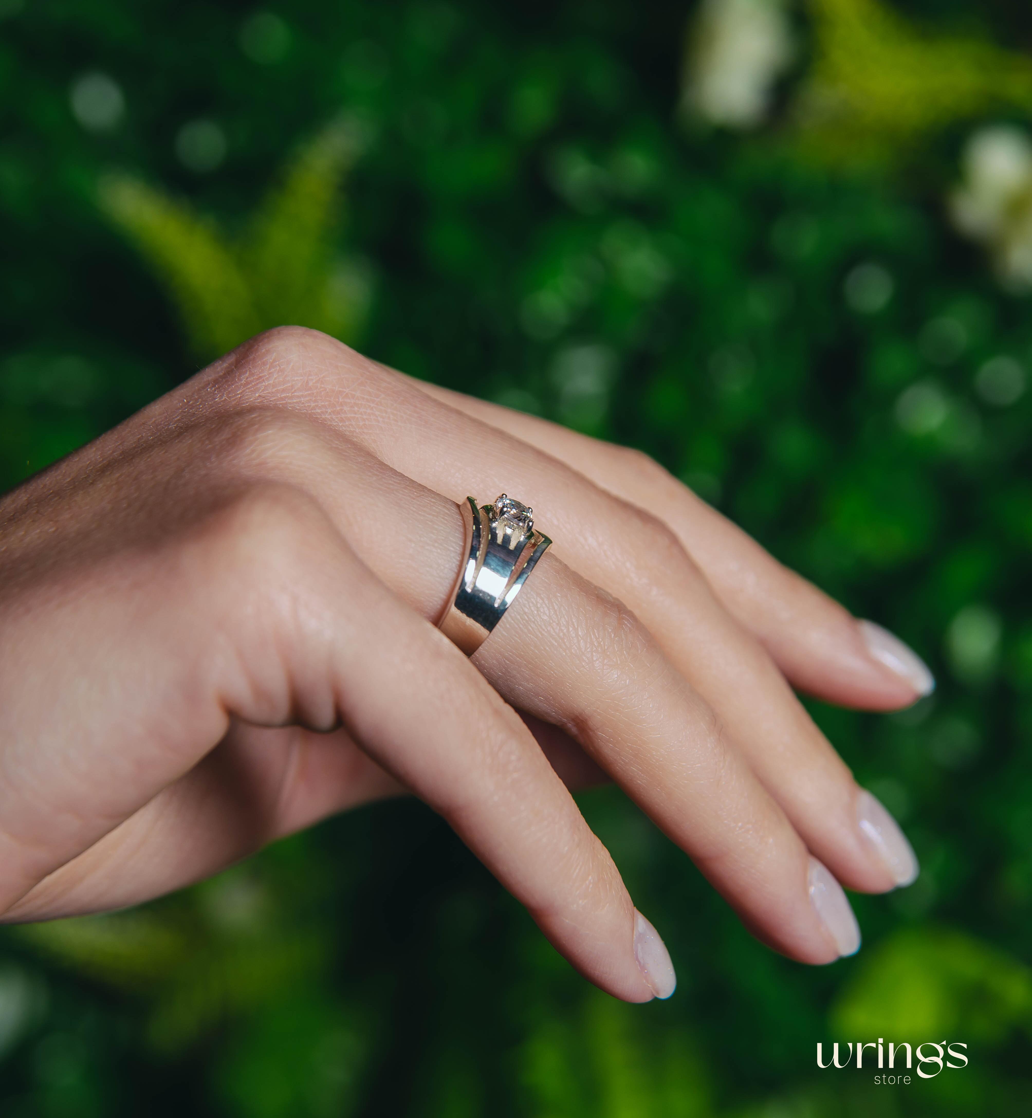 Cocktail Silver Chevron Band with Round Cubic Zirconia