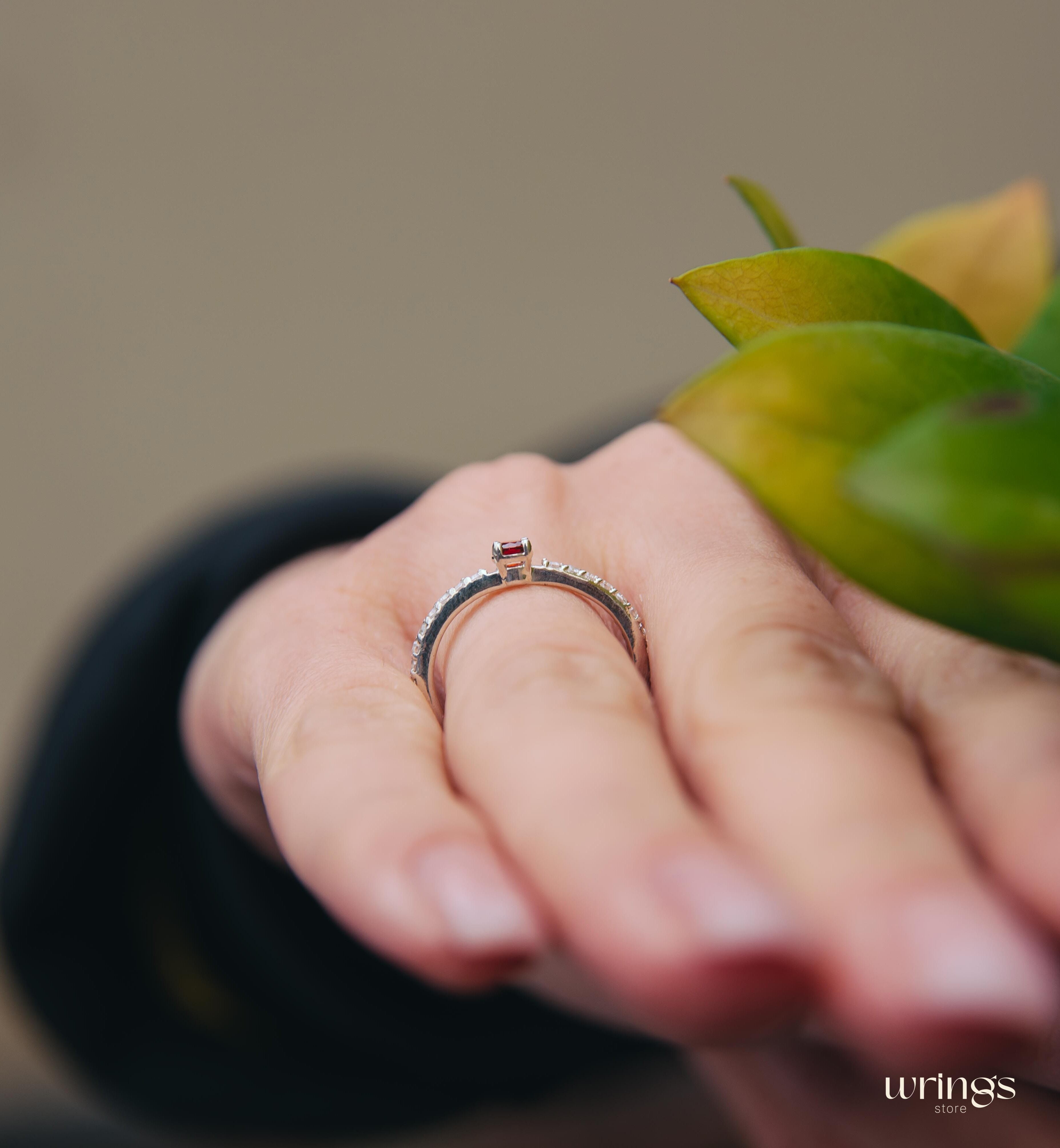 Dainty Garnet & Side Stones Silver Engagement Ring