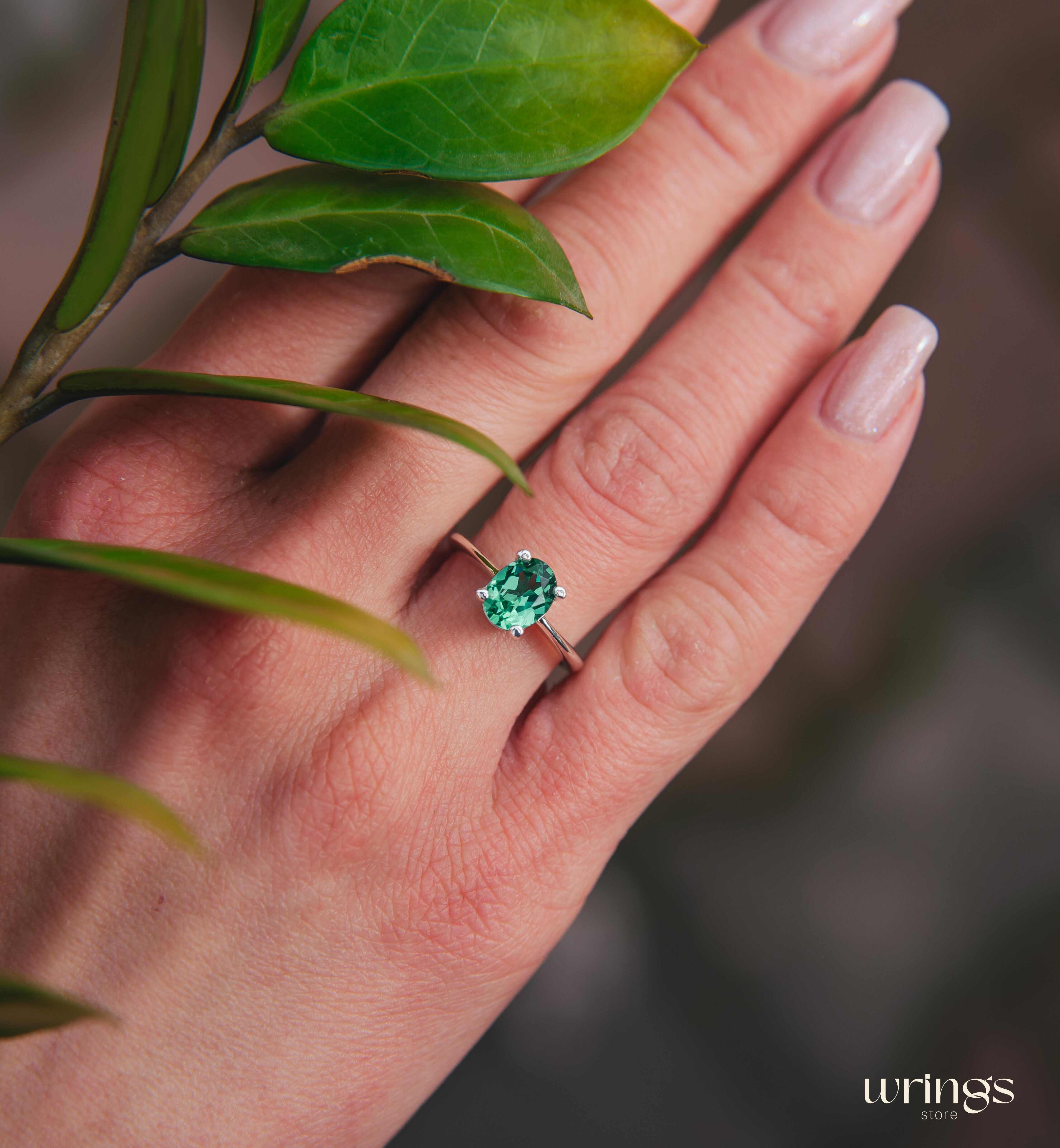 Big Oval Green Quartz Classic Solitaire Engagement Ring