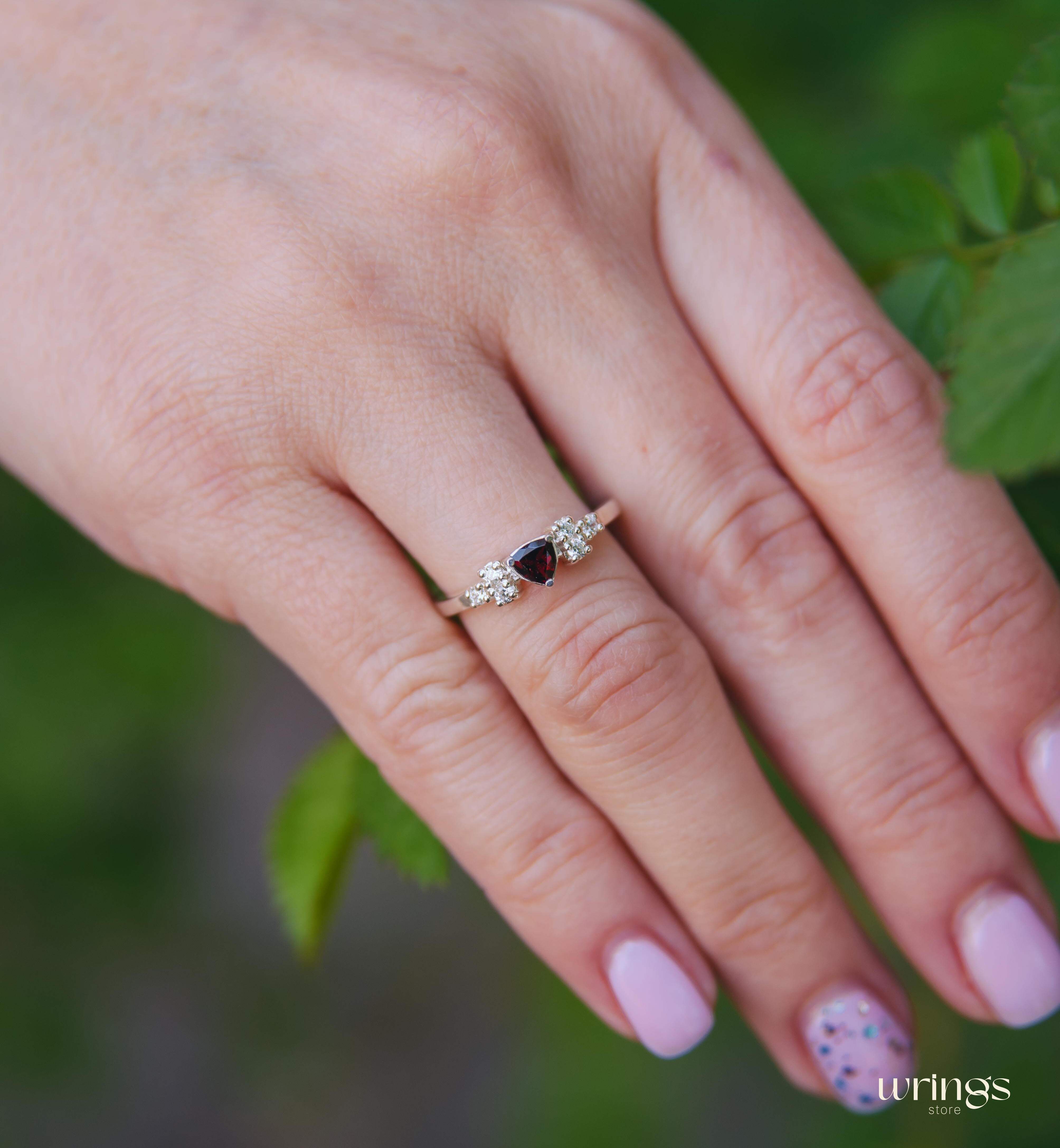 Silver Cluster Engagement Ring Trillion Garnet center & CZ