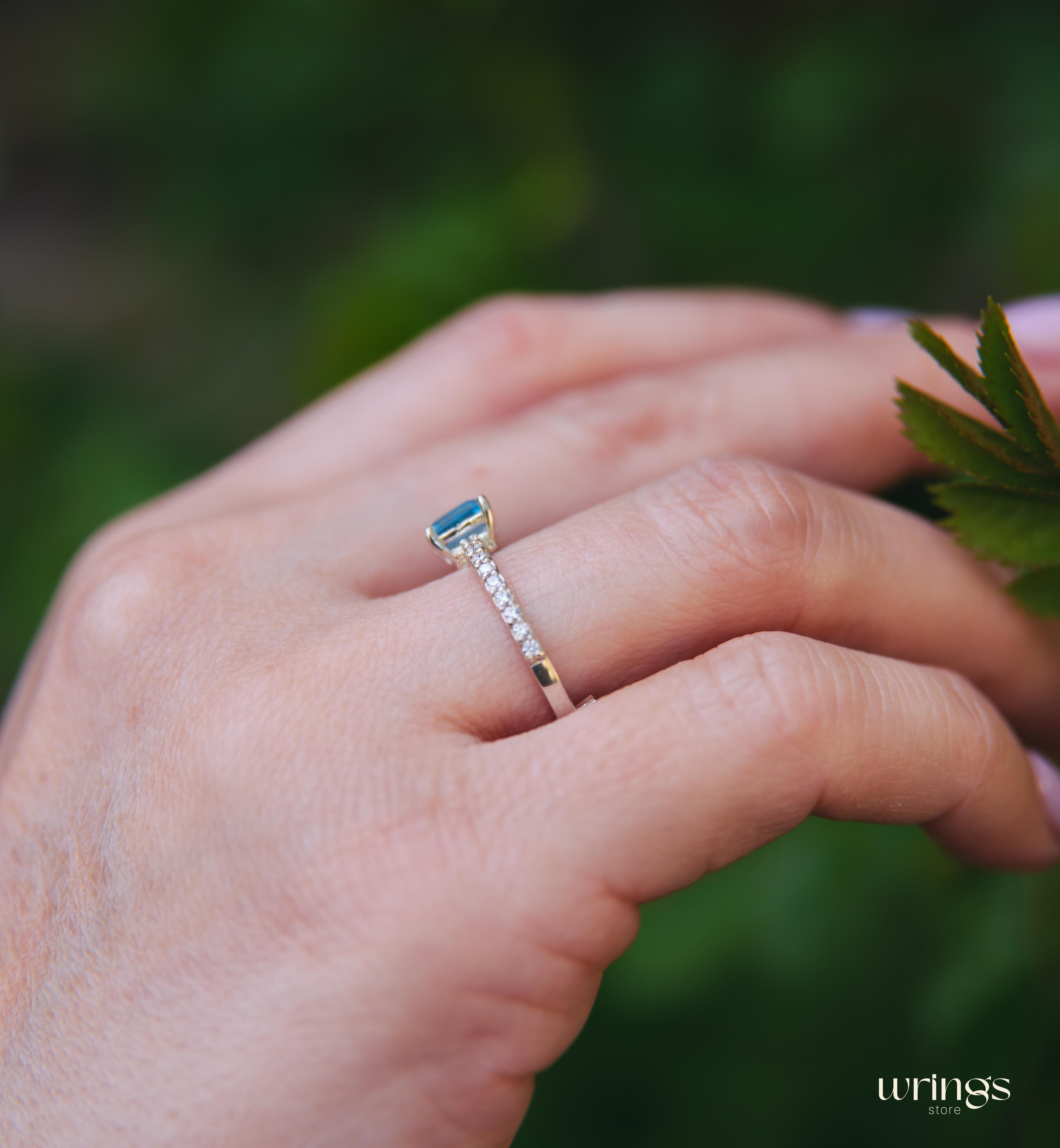 Square Blue Topaz Engagement Ring Silver & CZ Side Stones
