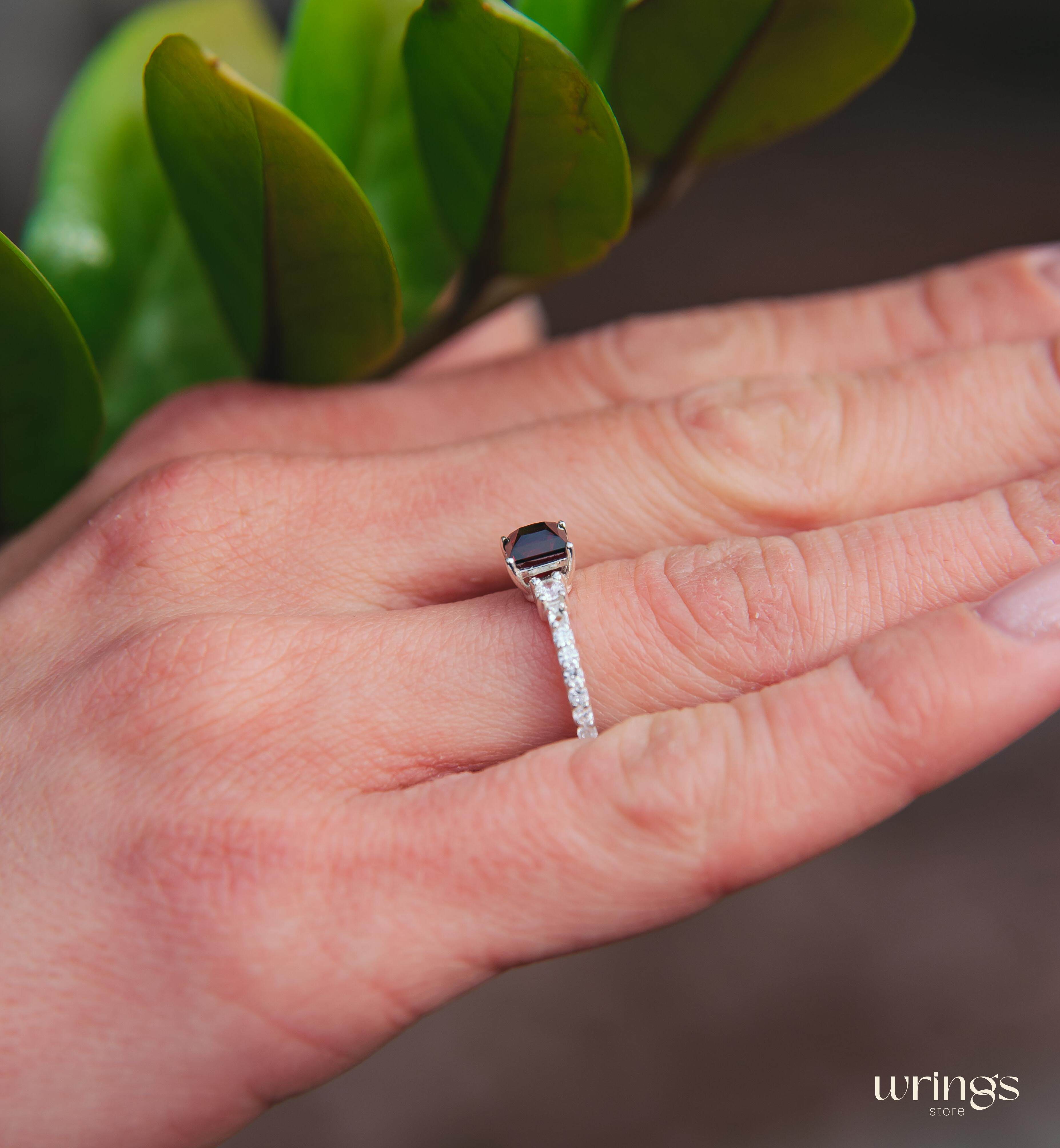 Square Cut Garnet Engagement Ring Silver with accents