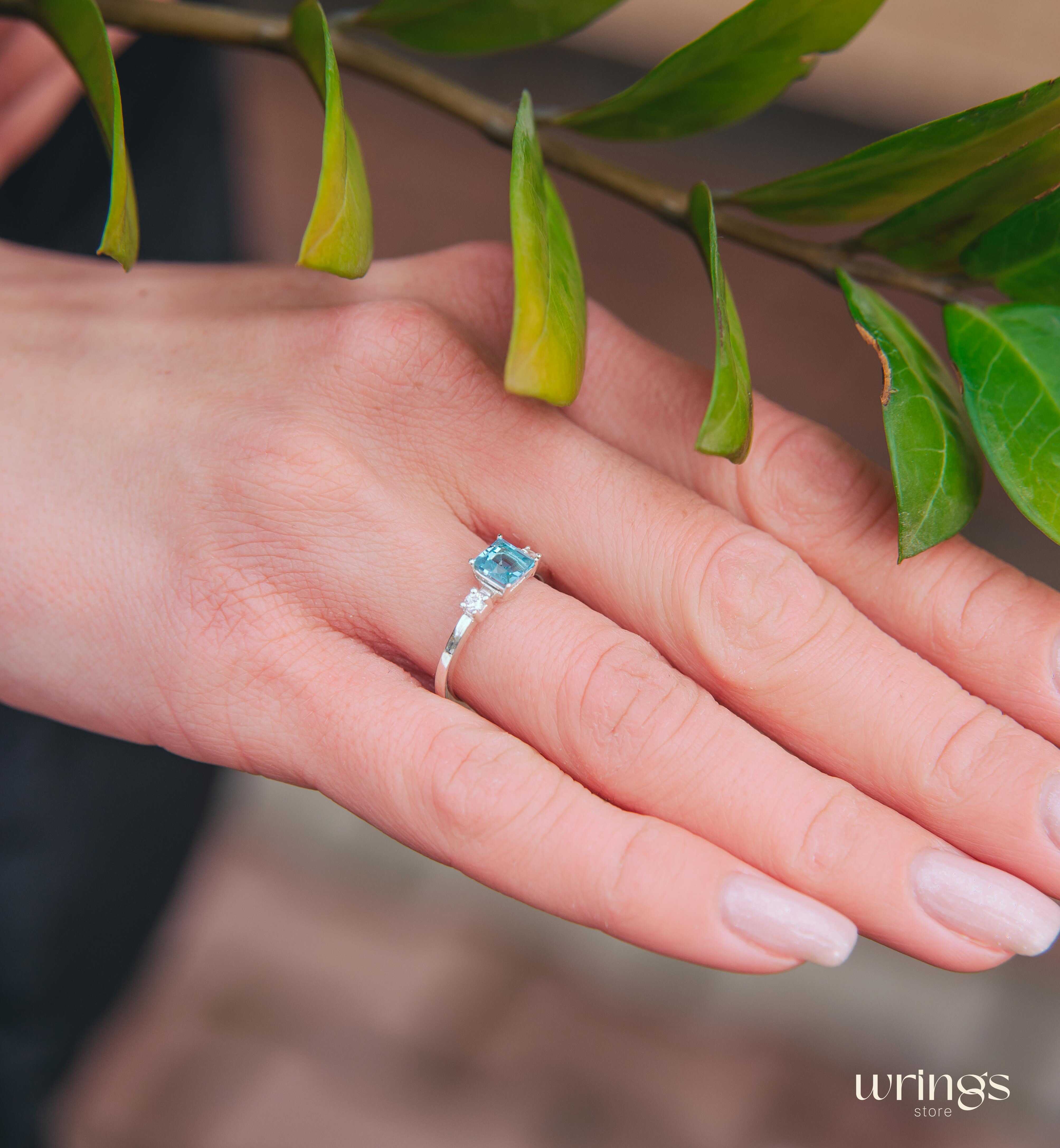 Square Swiss Topaz 3 Stone Engagement Ring Silver