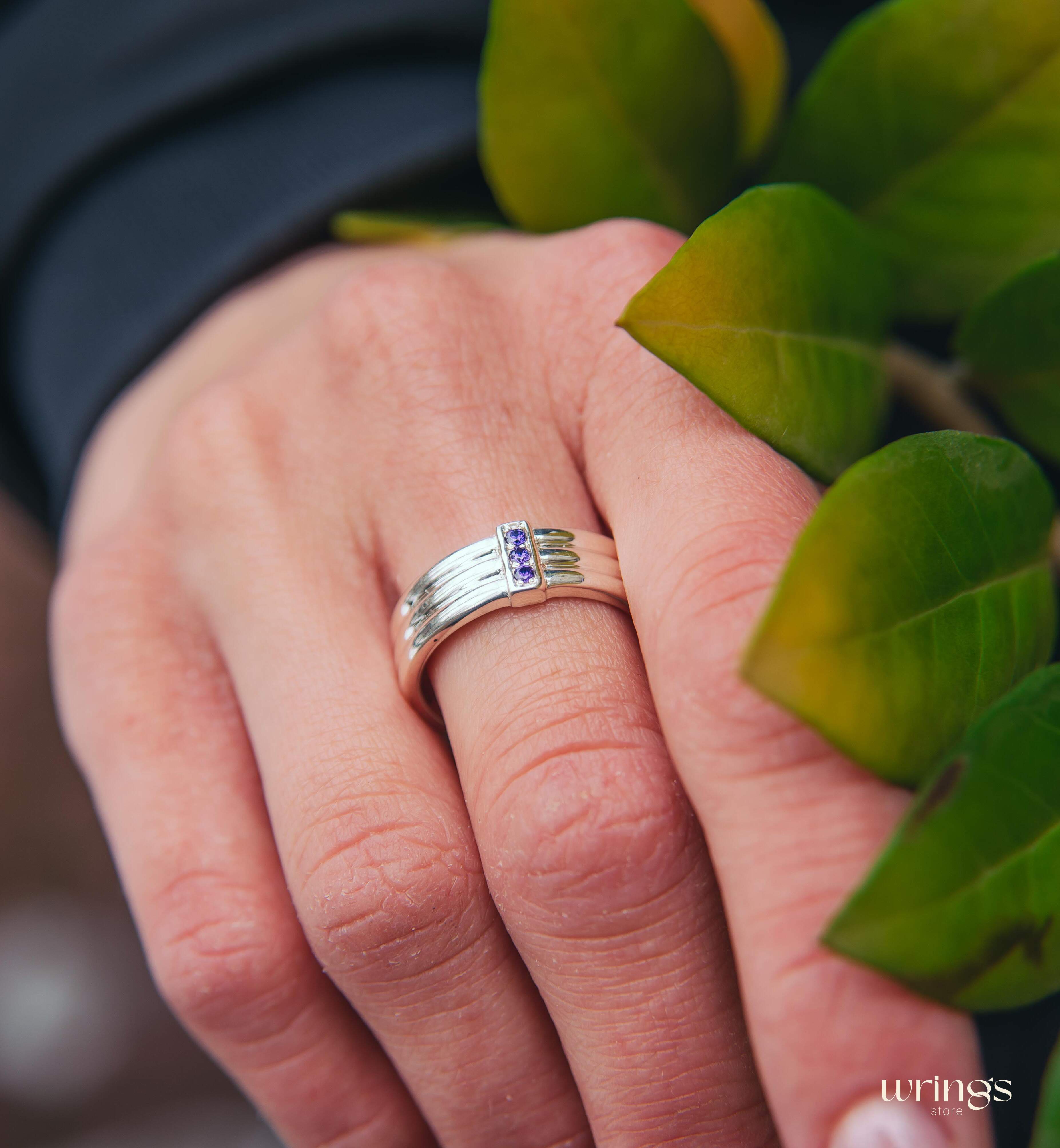 Three Amethysts Straight Triple Ring in Sterling Silver