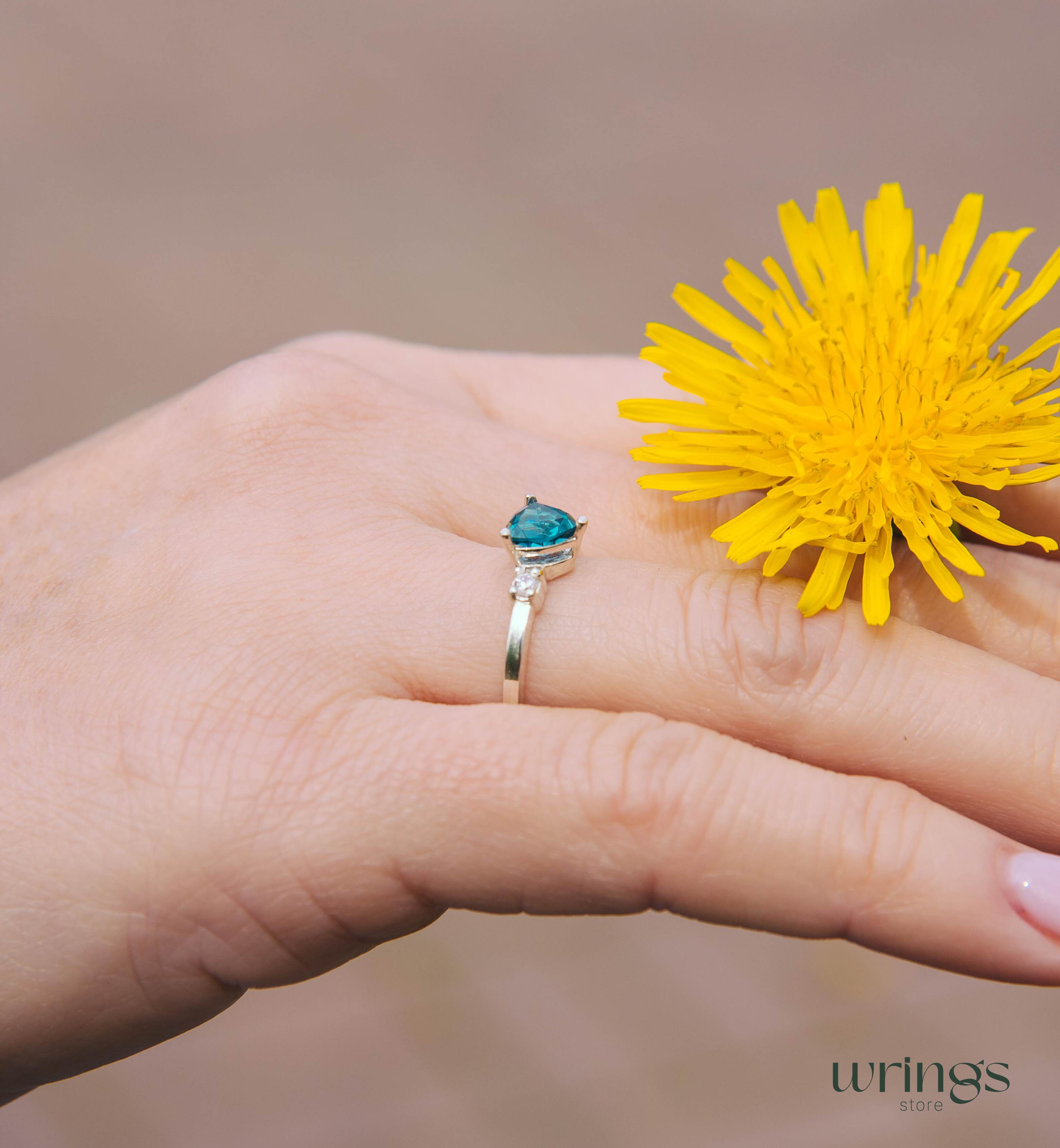 Large Trillion Blue Topaz Three Stone Engagement Ring