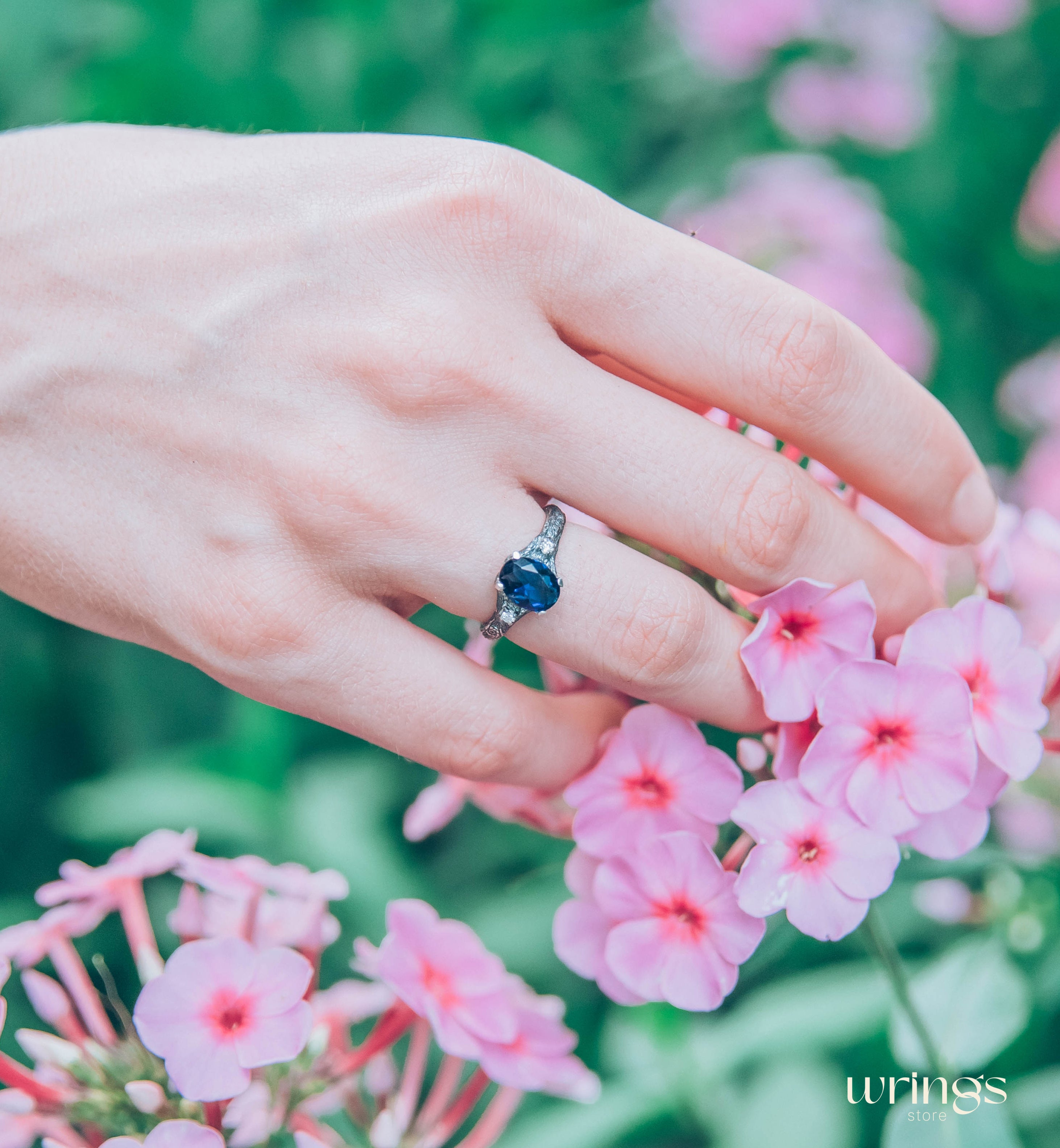 Oval Sapphire with Twig Ring made in Sterling Silver