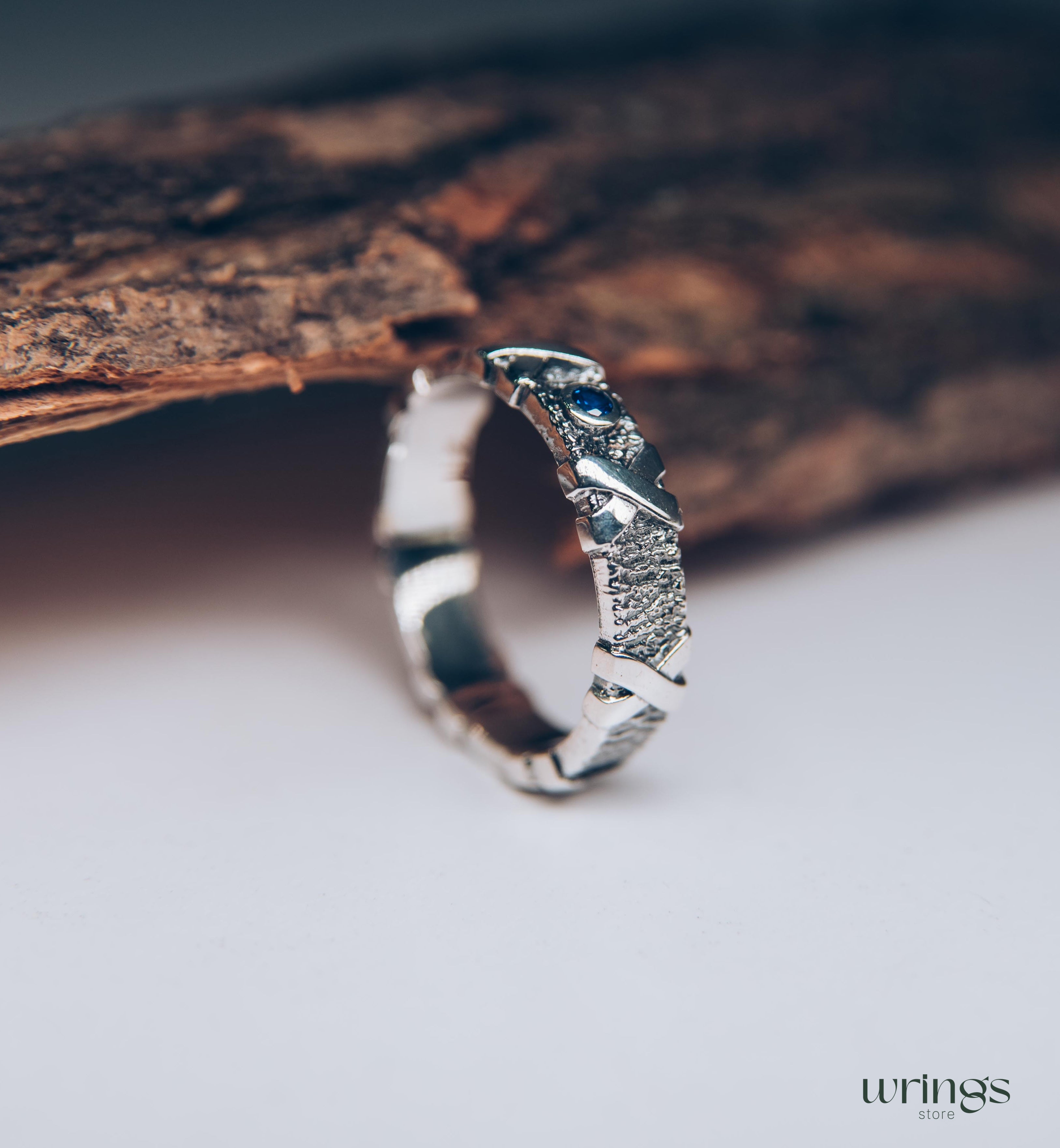 Nature Silver Band Ring with Cross & Natural Sapphire