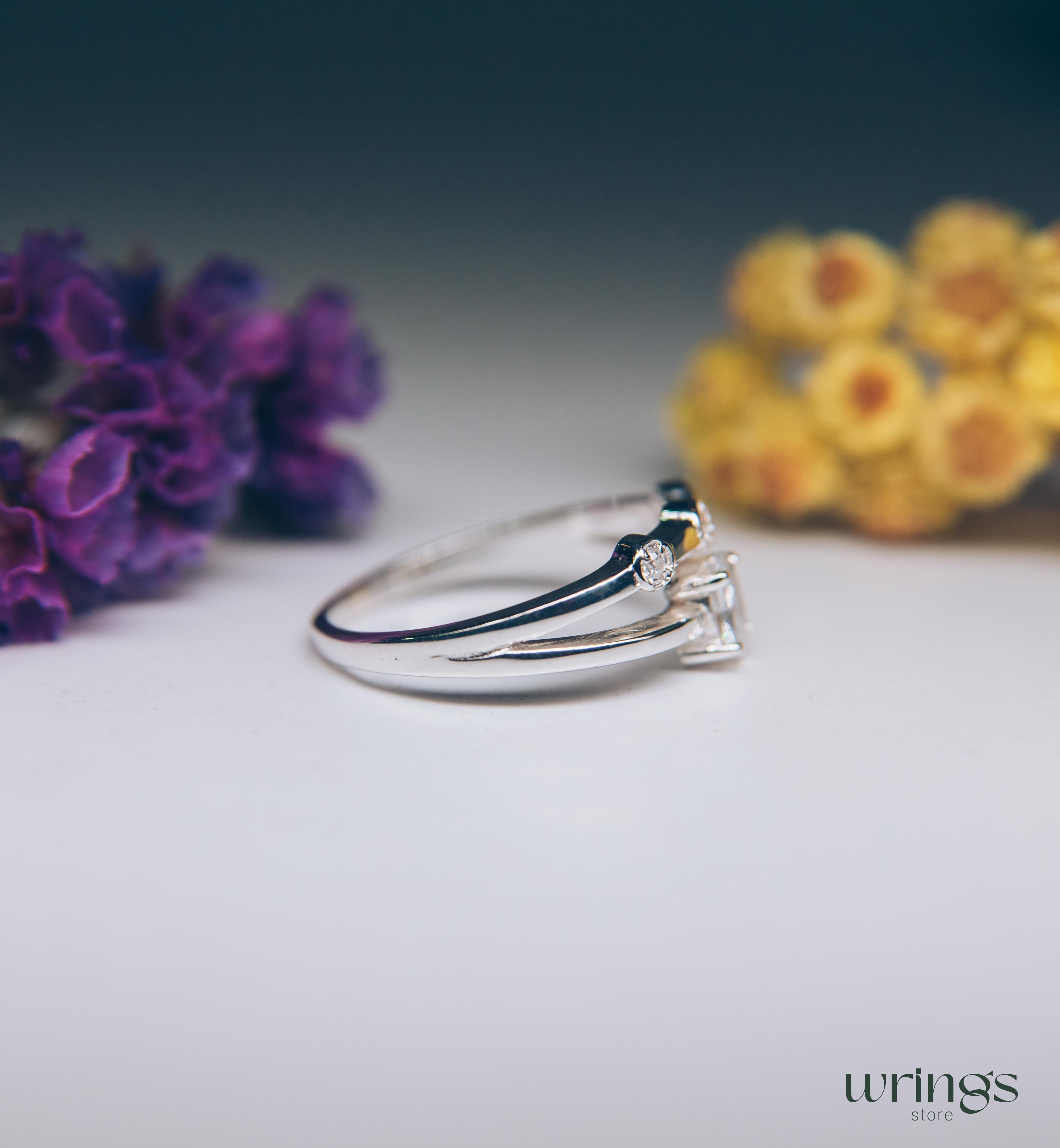Oval Diamond CZ Double Engagement Ring Band Side Stones