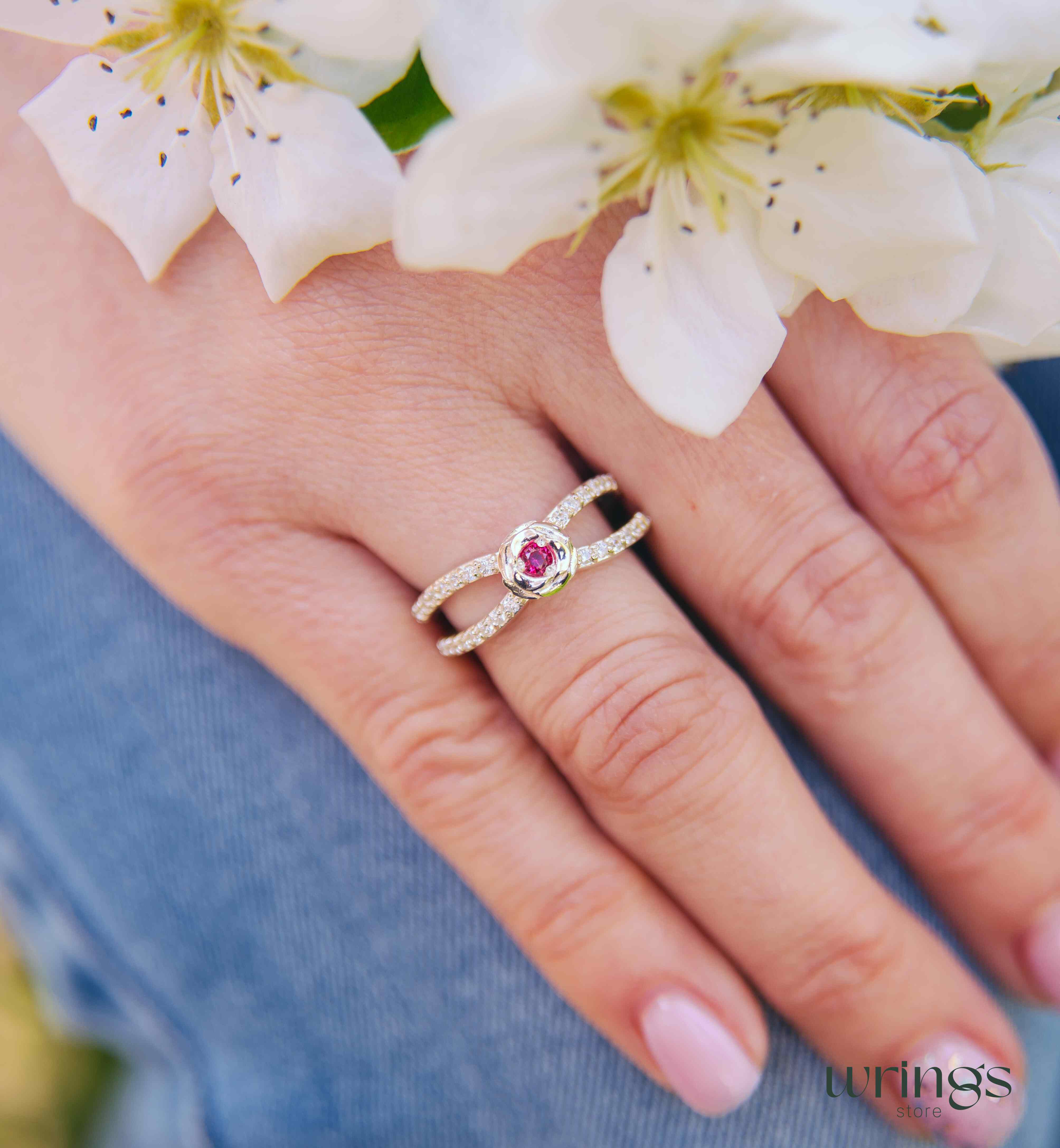 Pink Sapphire Flower Ring Multi Stone Split Shank 925