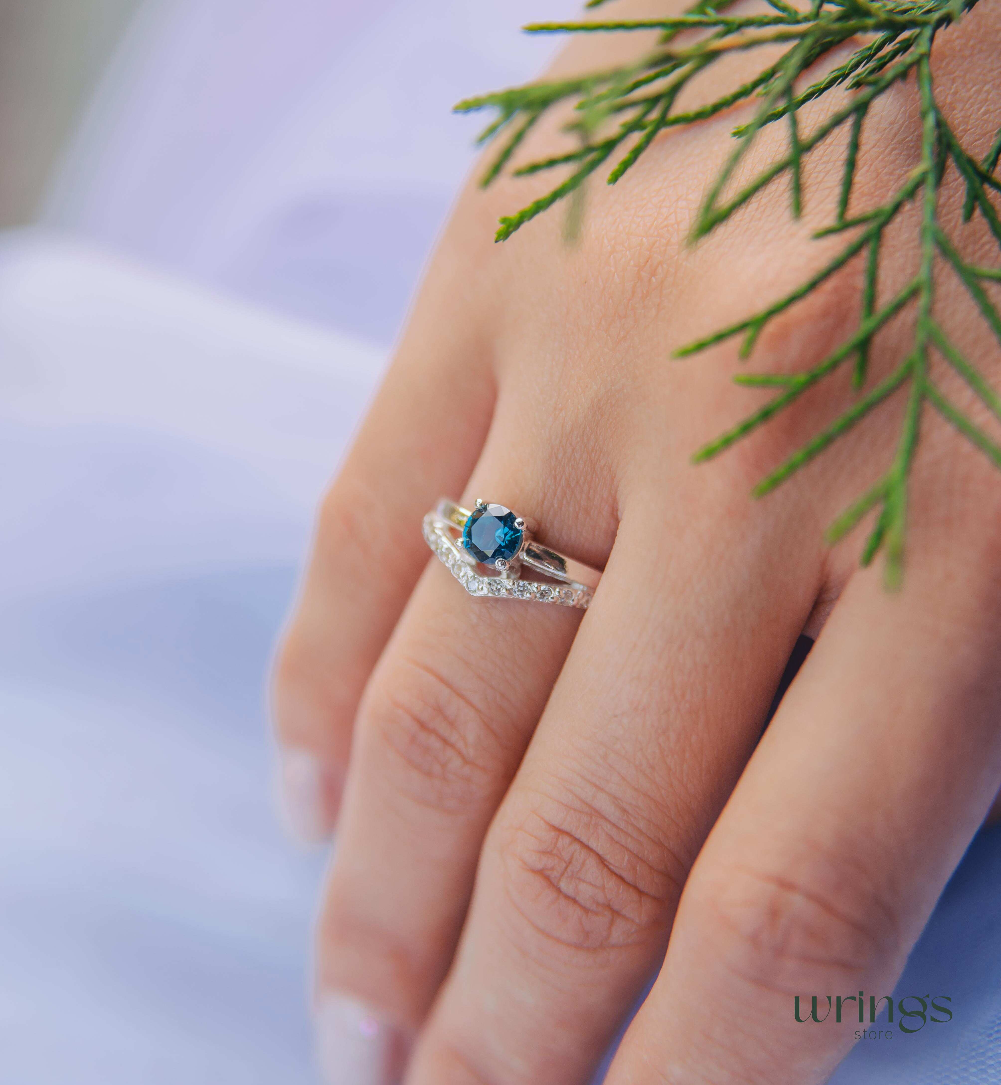 London Blue Topaz Chevron Engagement Ring Silver & CZ