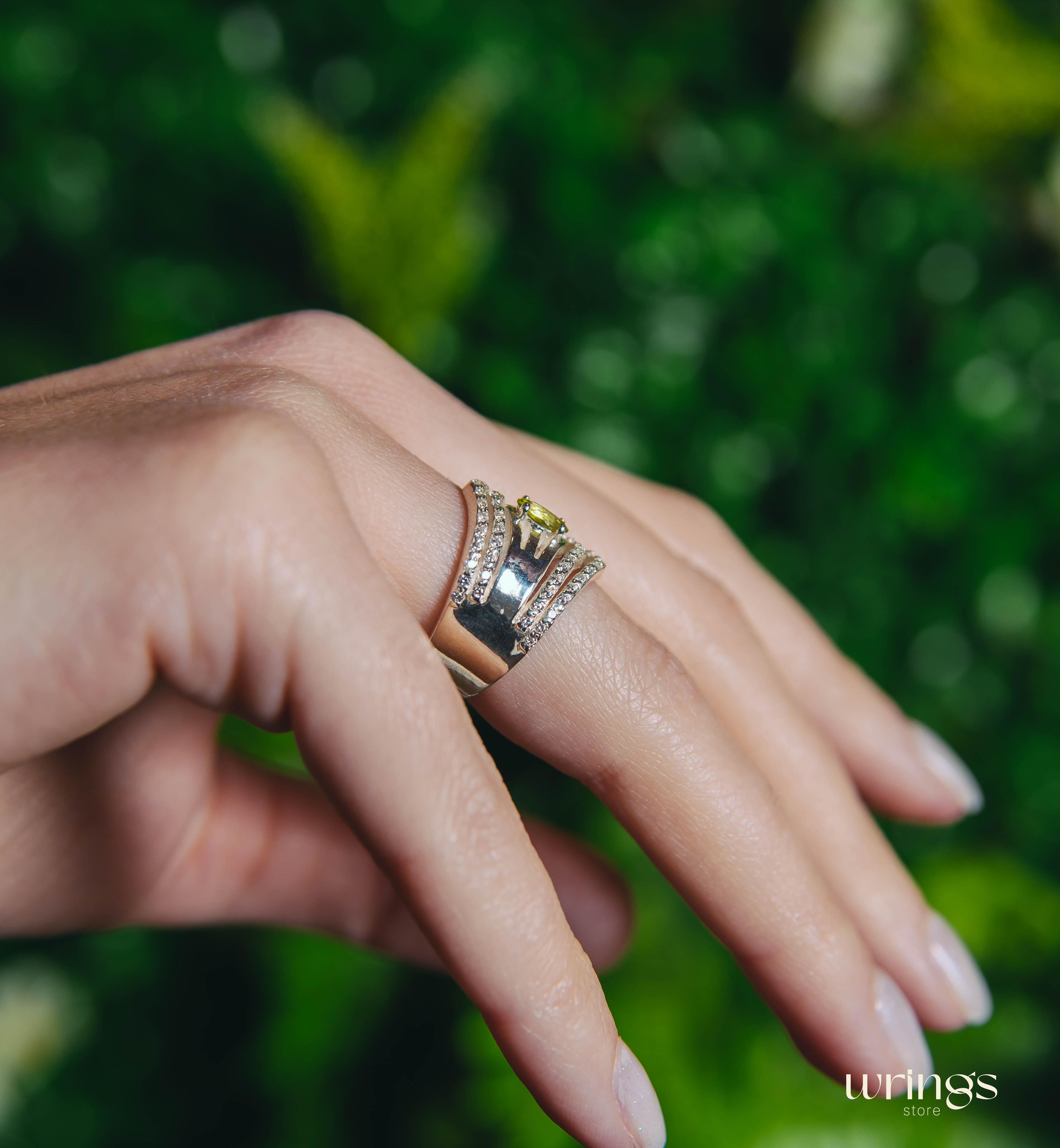 Wide Double Chevron Statement Ring Peridot & Diamonds