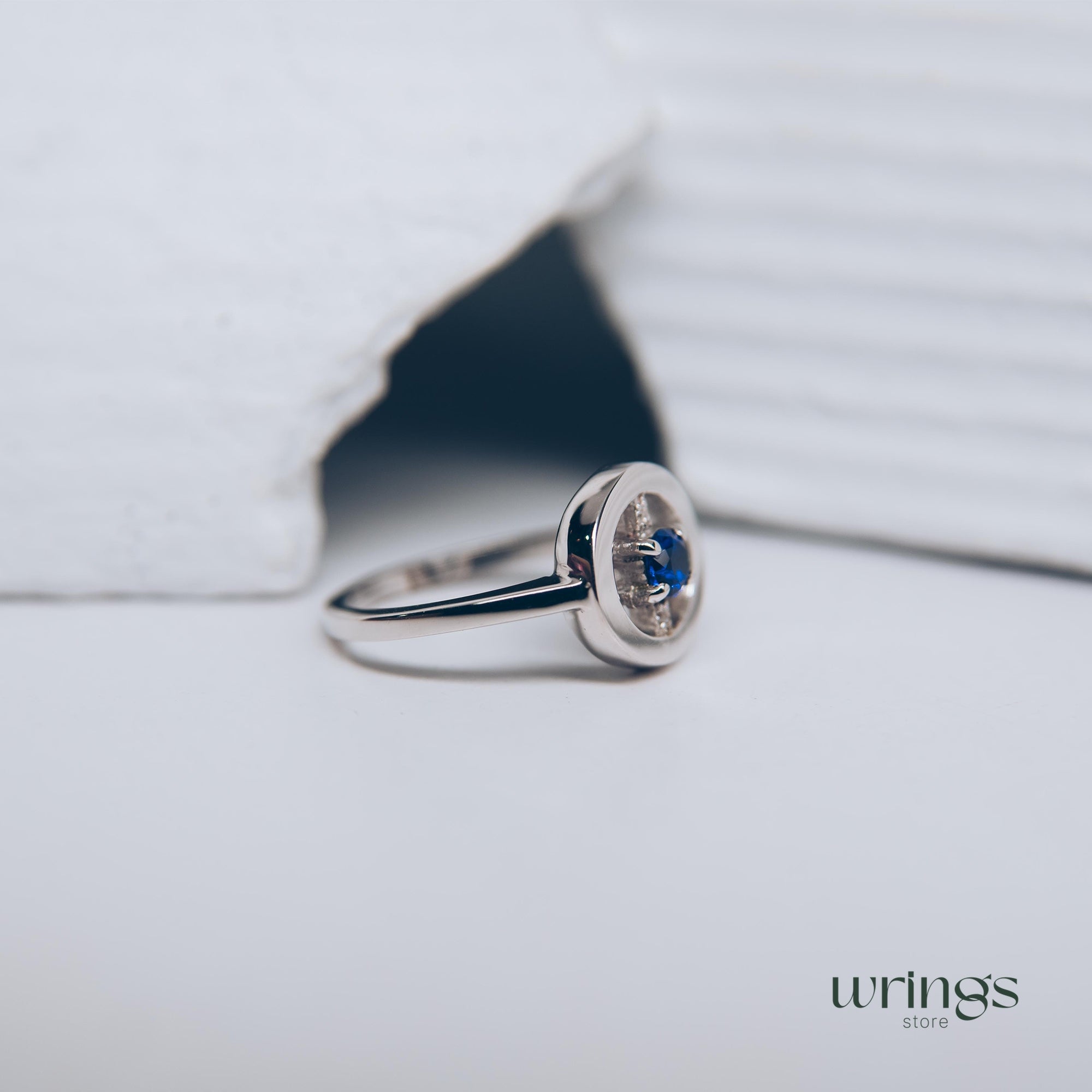 Blue Sapphire & CZ Silver Round Open Engagement Ring