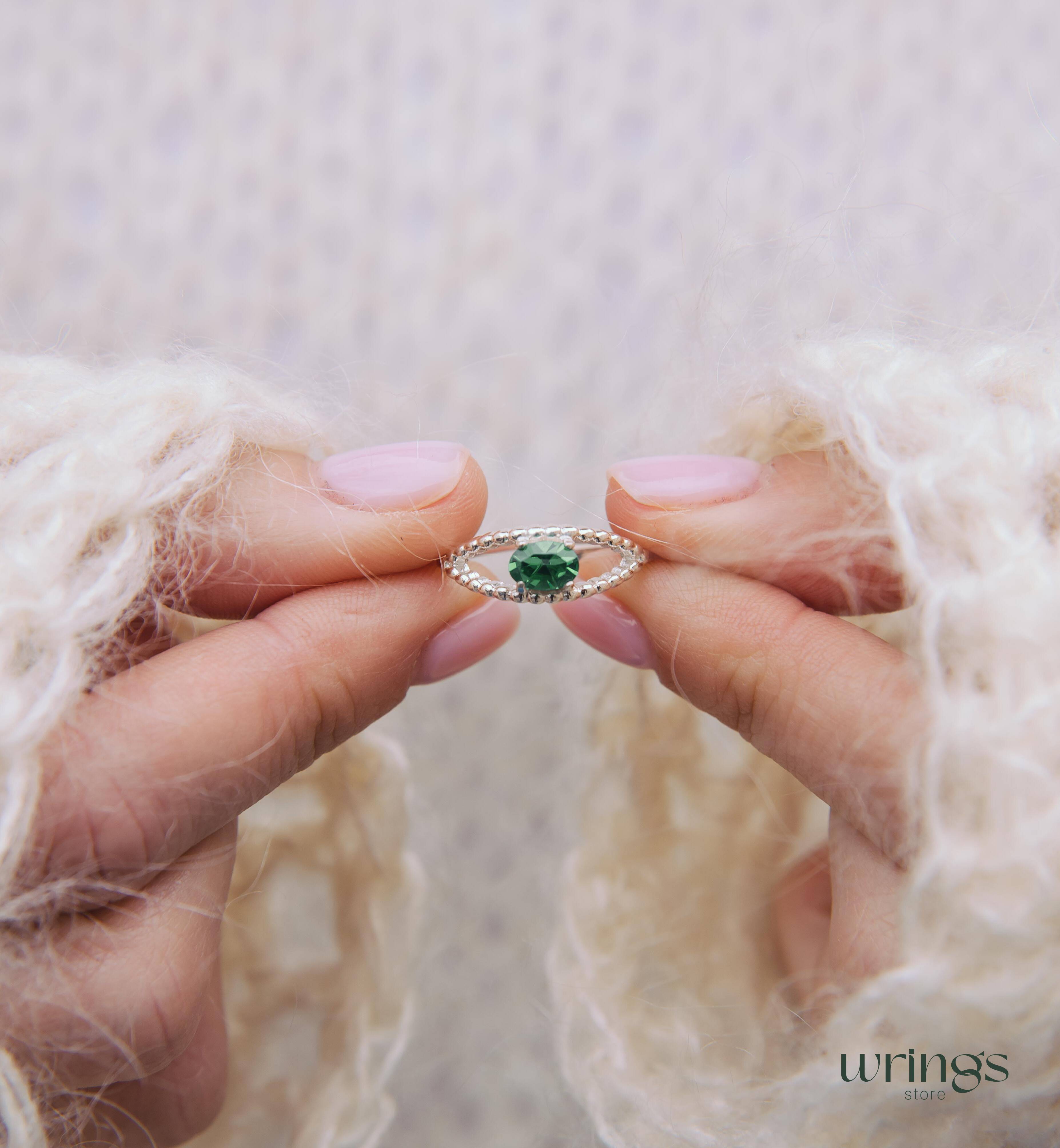 Beaded Silver Evil Eye Ring with Magical Green Quartz