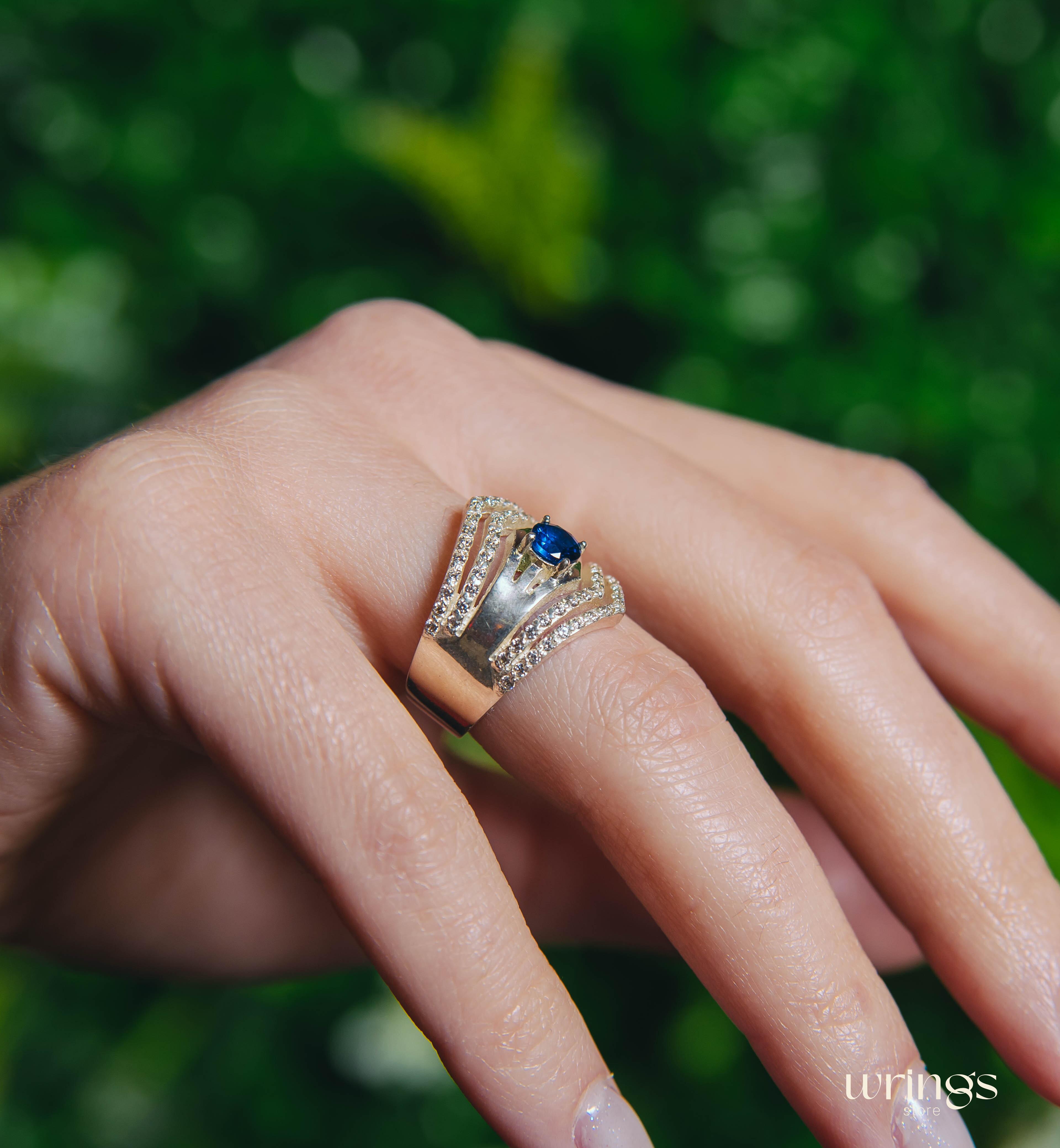 Double Chevron Band LG Blue Sapphire and Diamonds CZ