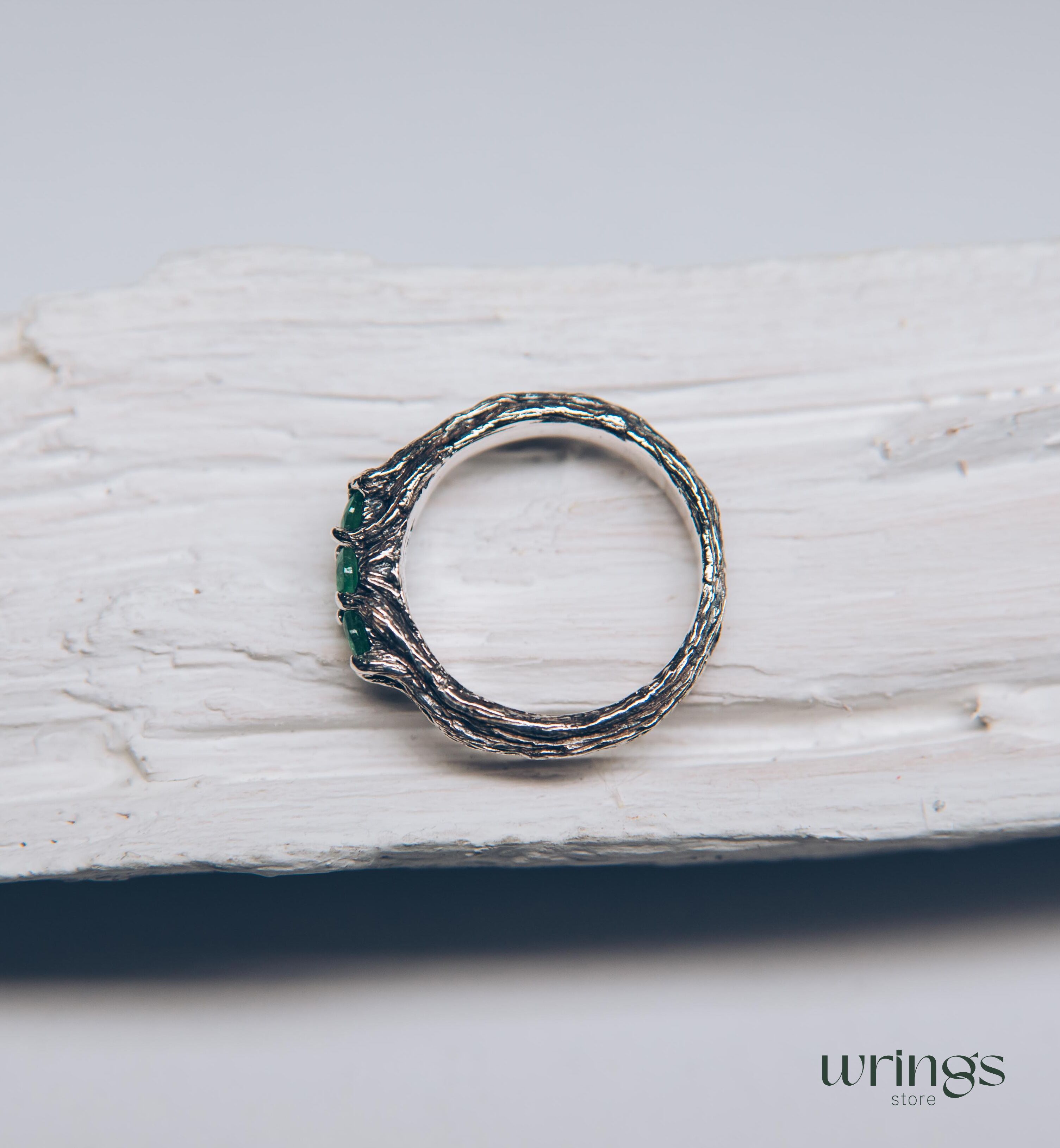 Emeralds on Branch Silver Three Stone Ring for Her