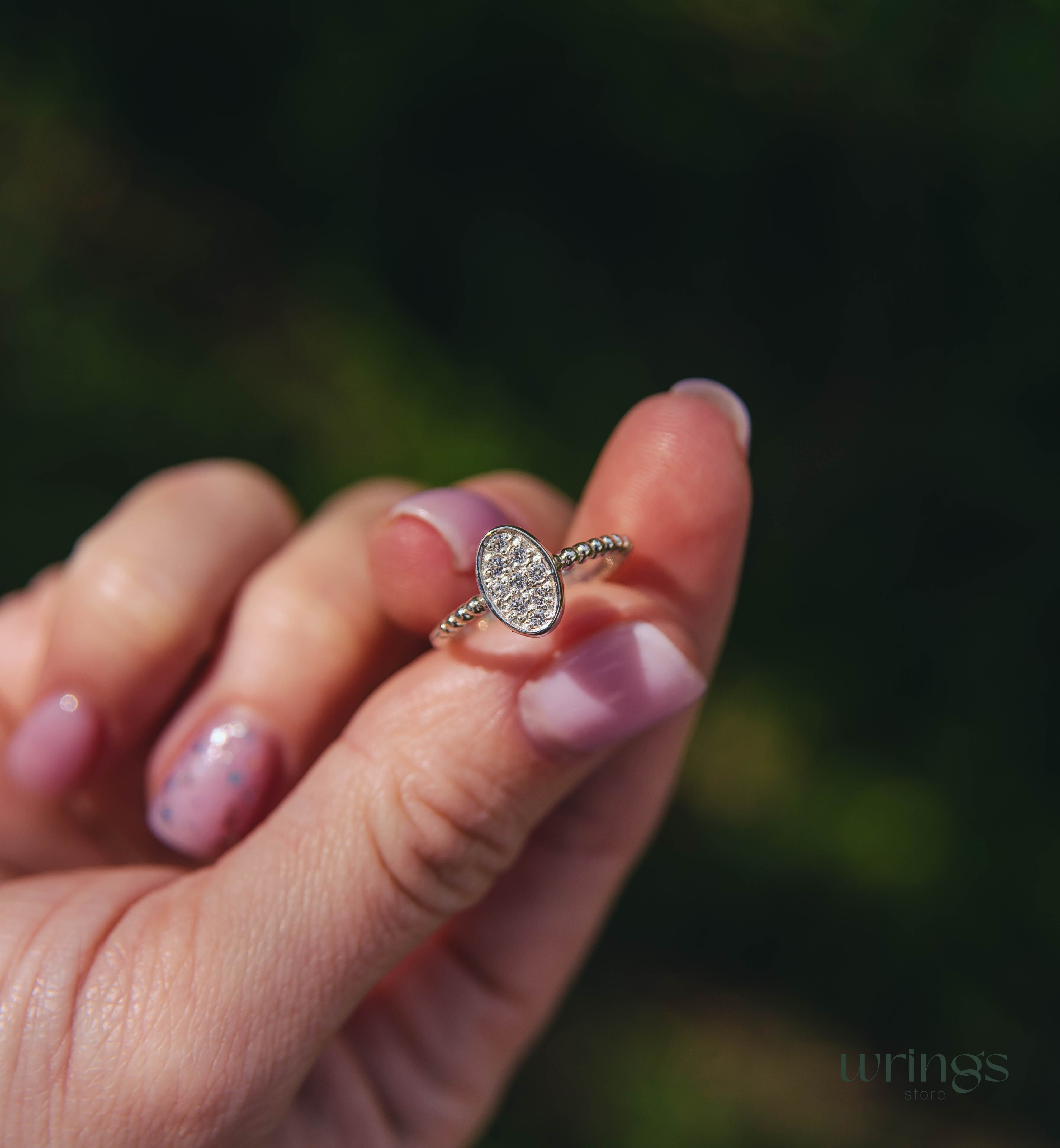 Pave Style Diamonds Bubble Oval Ring Silver