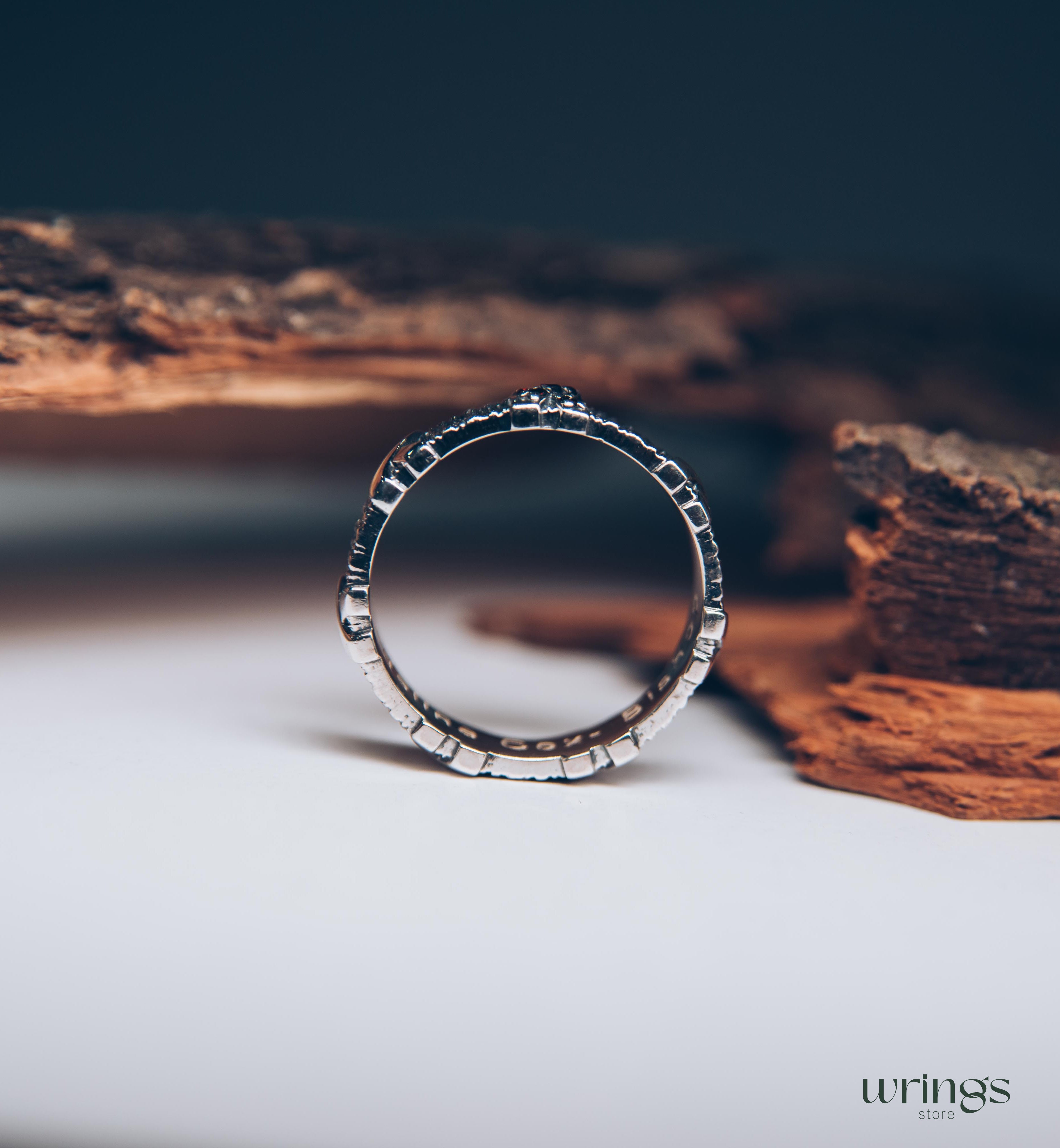 Silver Tree bark with cross Garnets Ring for Men and Women