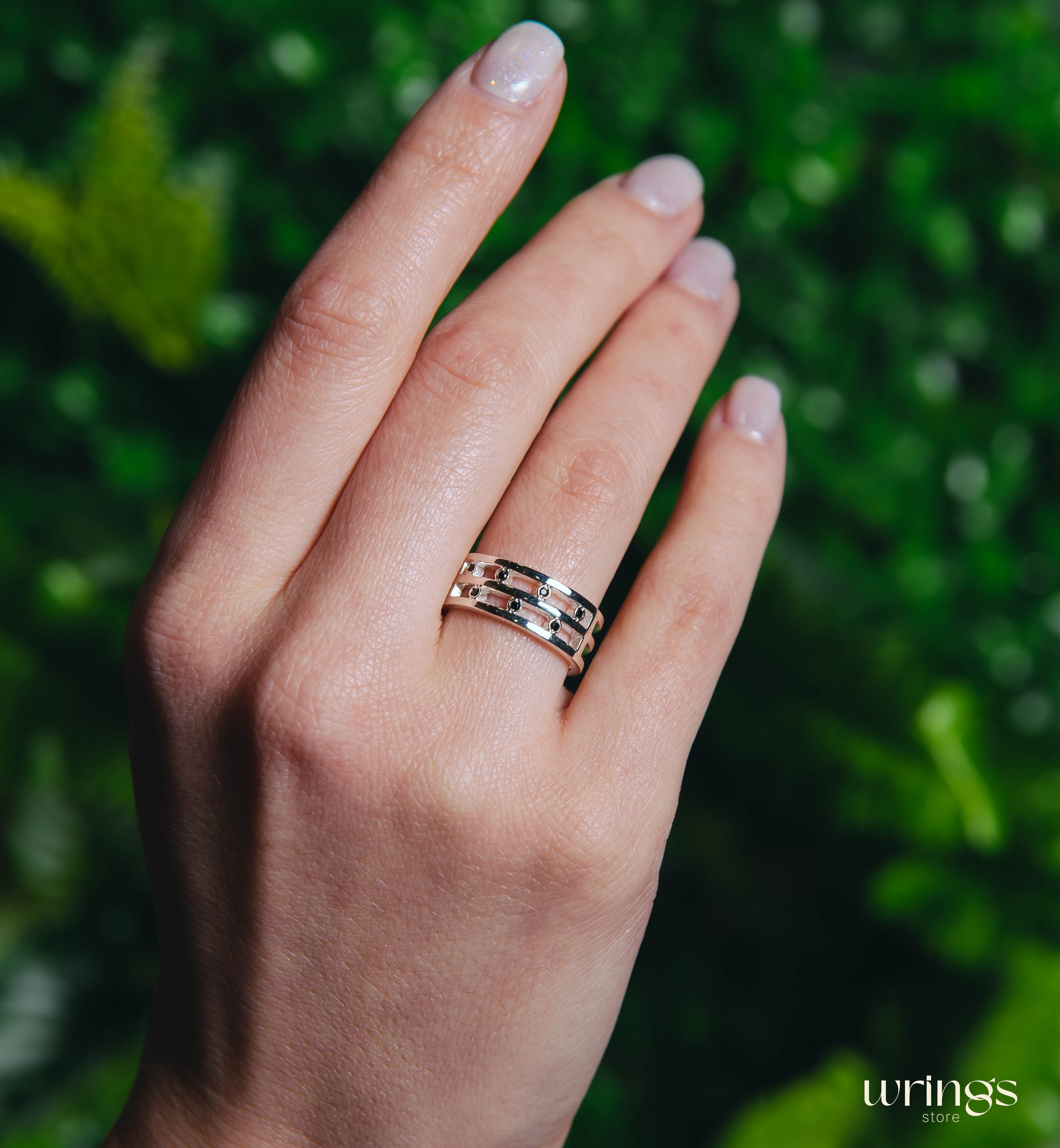 Stylish Black Diamond Band for Women Open Design Silver