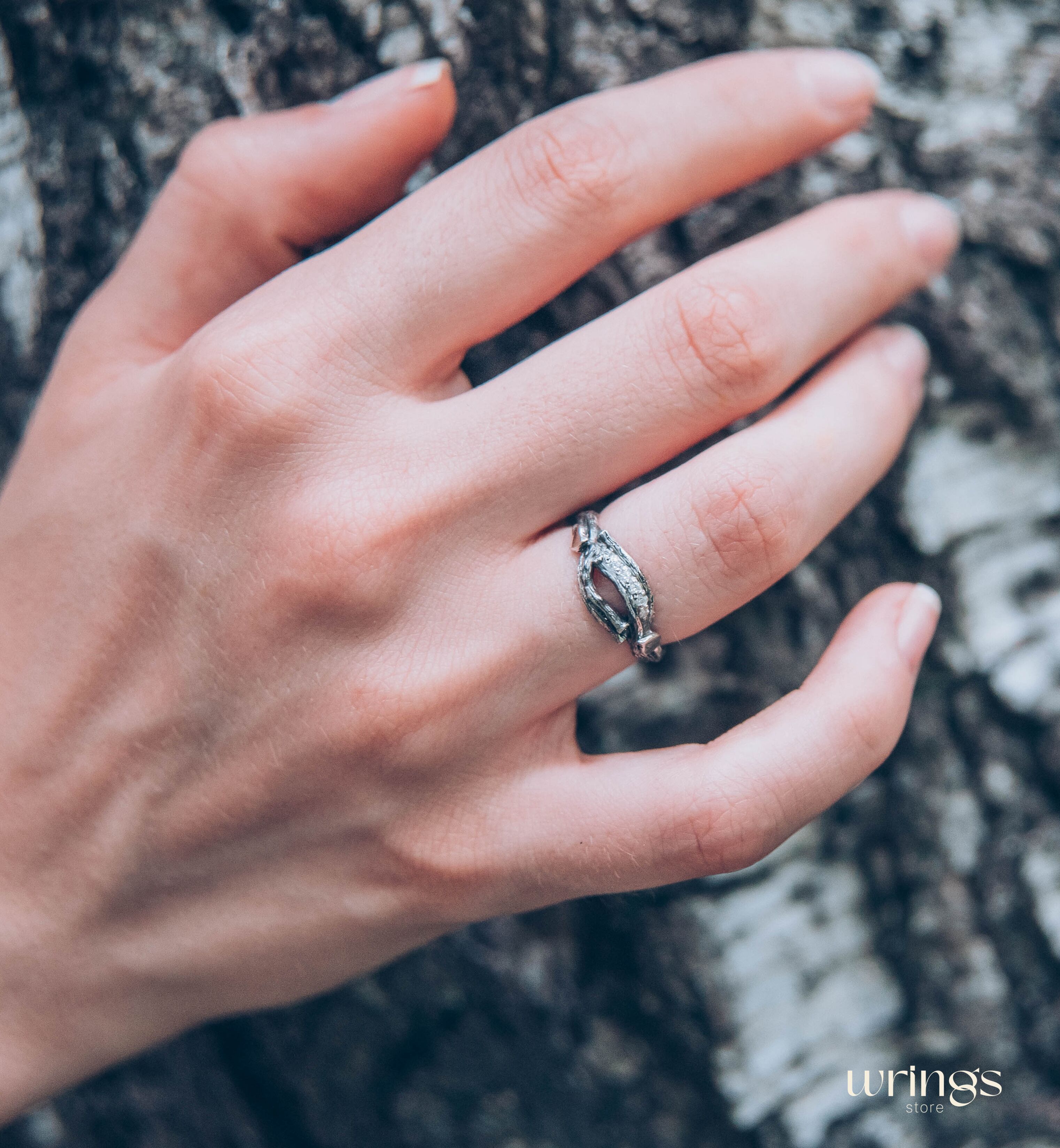 Stones on a Dainty Split Silver Branch & Leaves Cute Ring