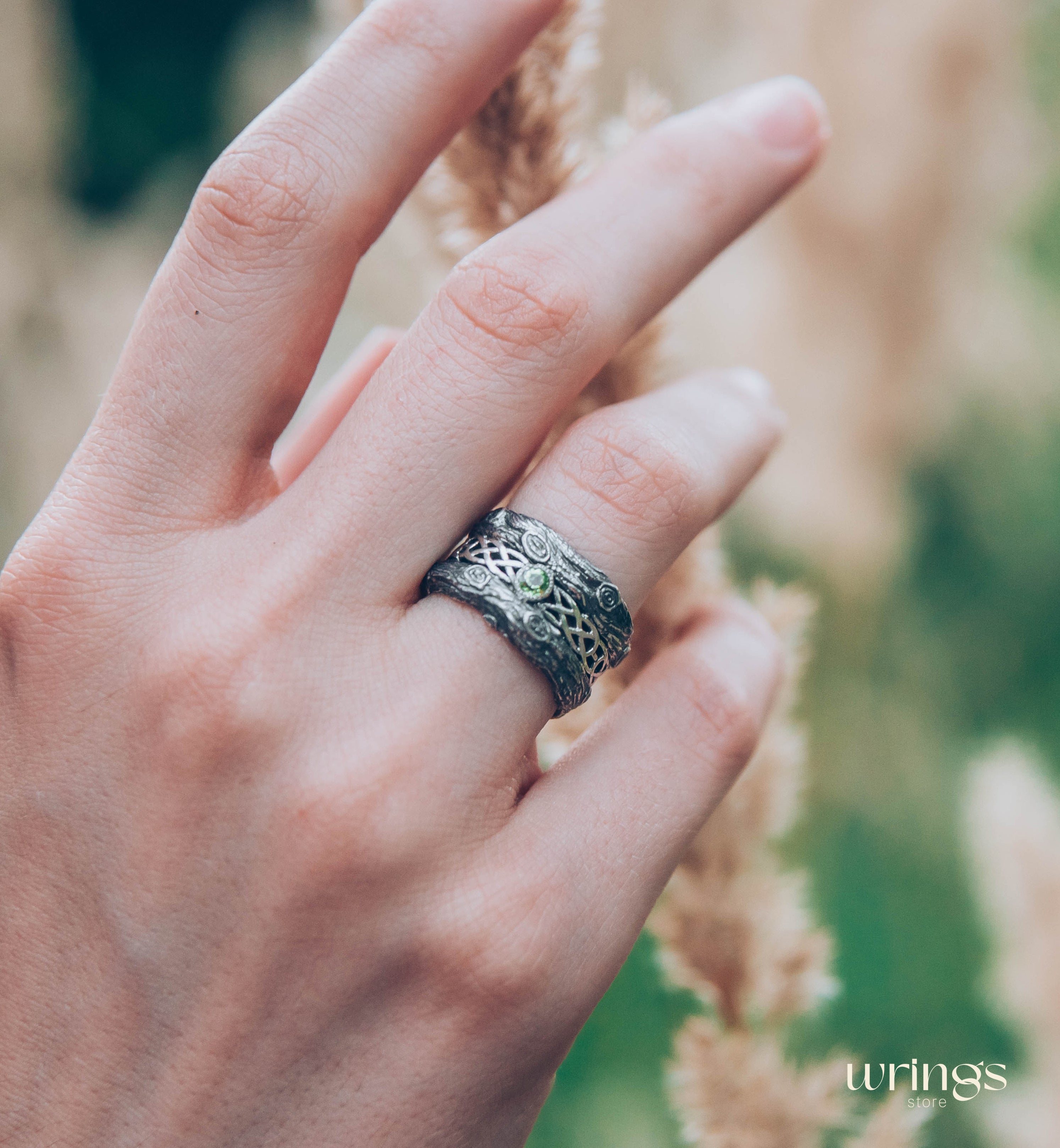 Silver bark with Celtic Weaves & Peridot Wedding Ring