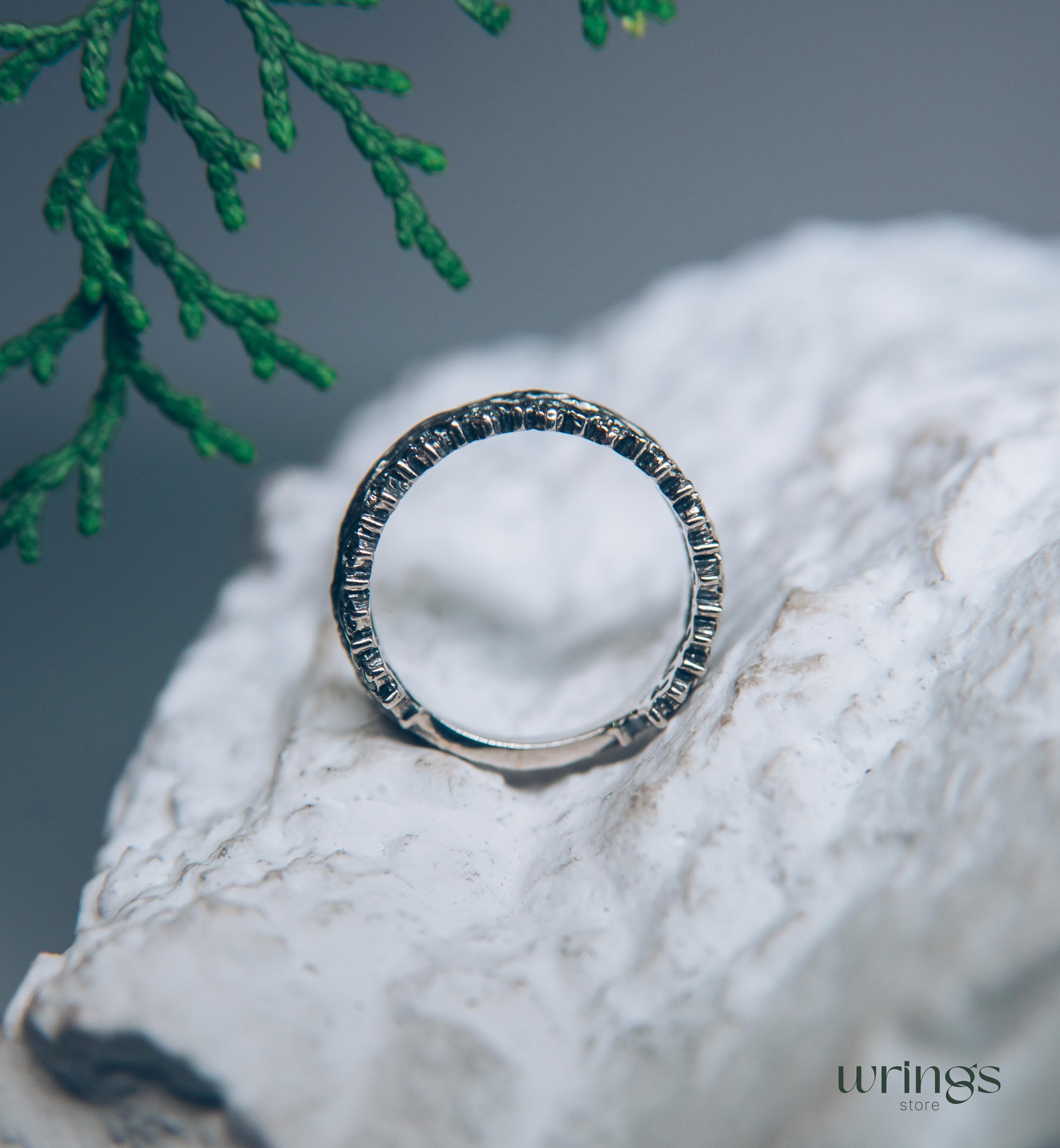Princess Crown Wedding Ring with Gems & Twig Silver Band