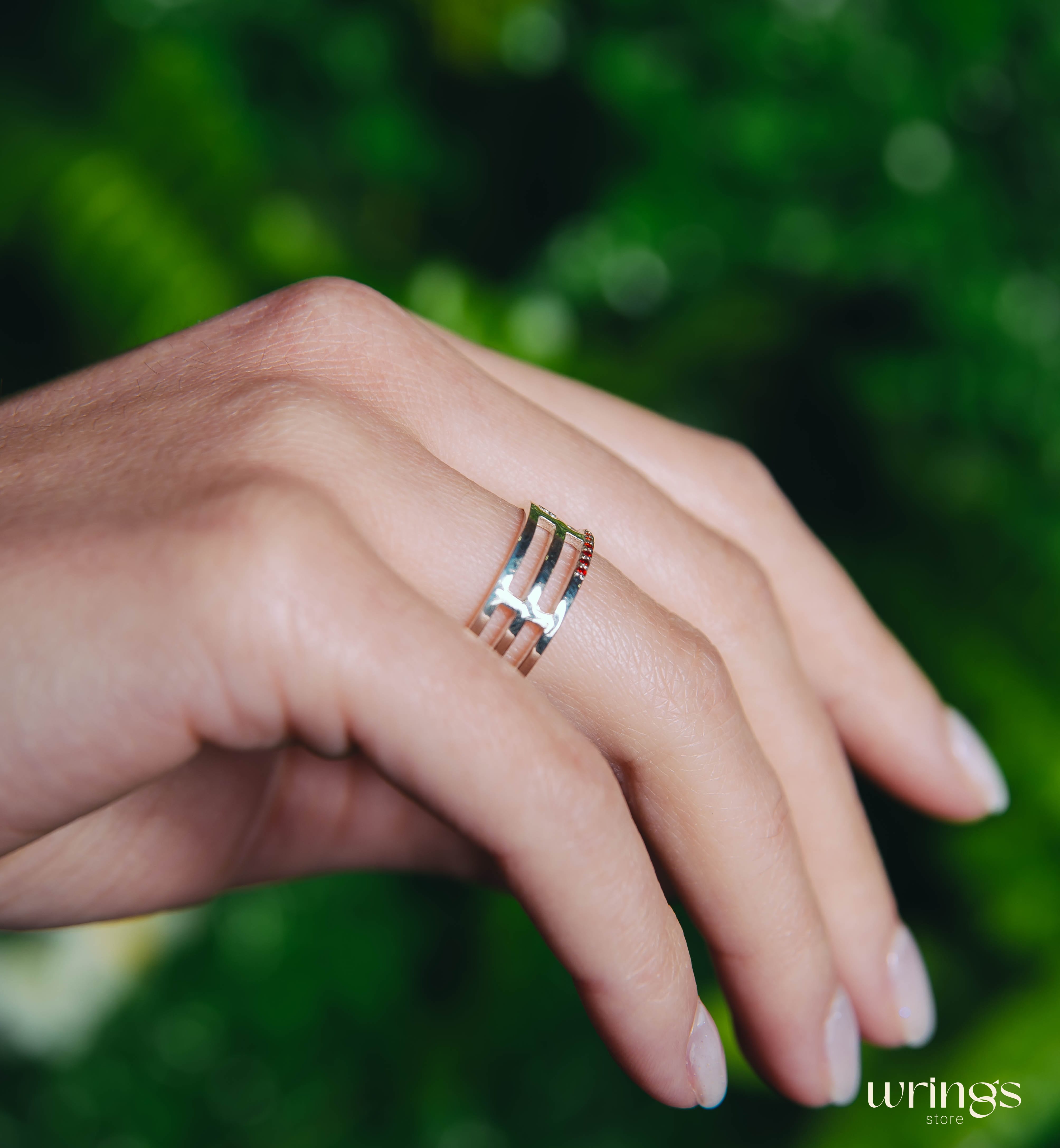 Silver Wedding Band Garnets and Dots Modern Style