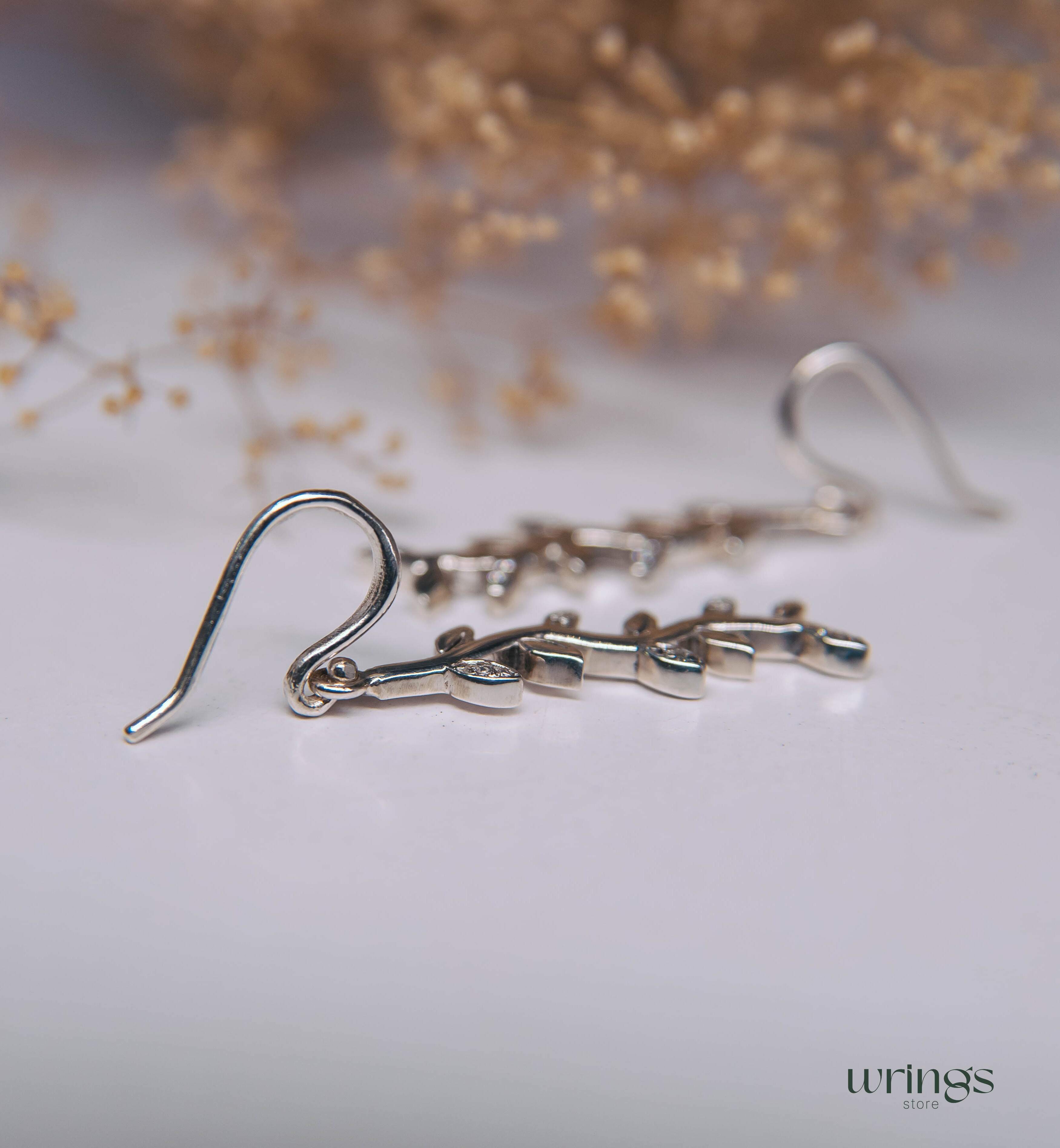 Pretty Many Leaves Silver Earrings with White Gemstones