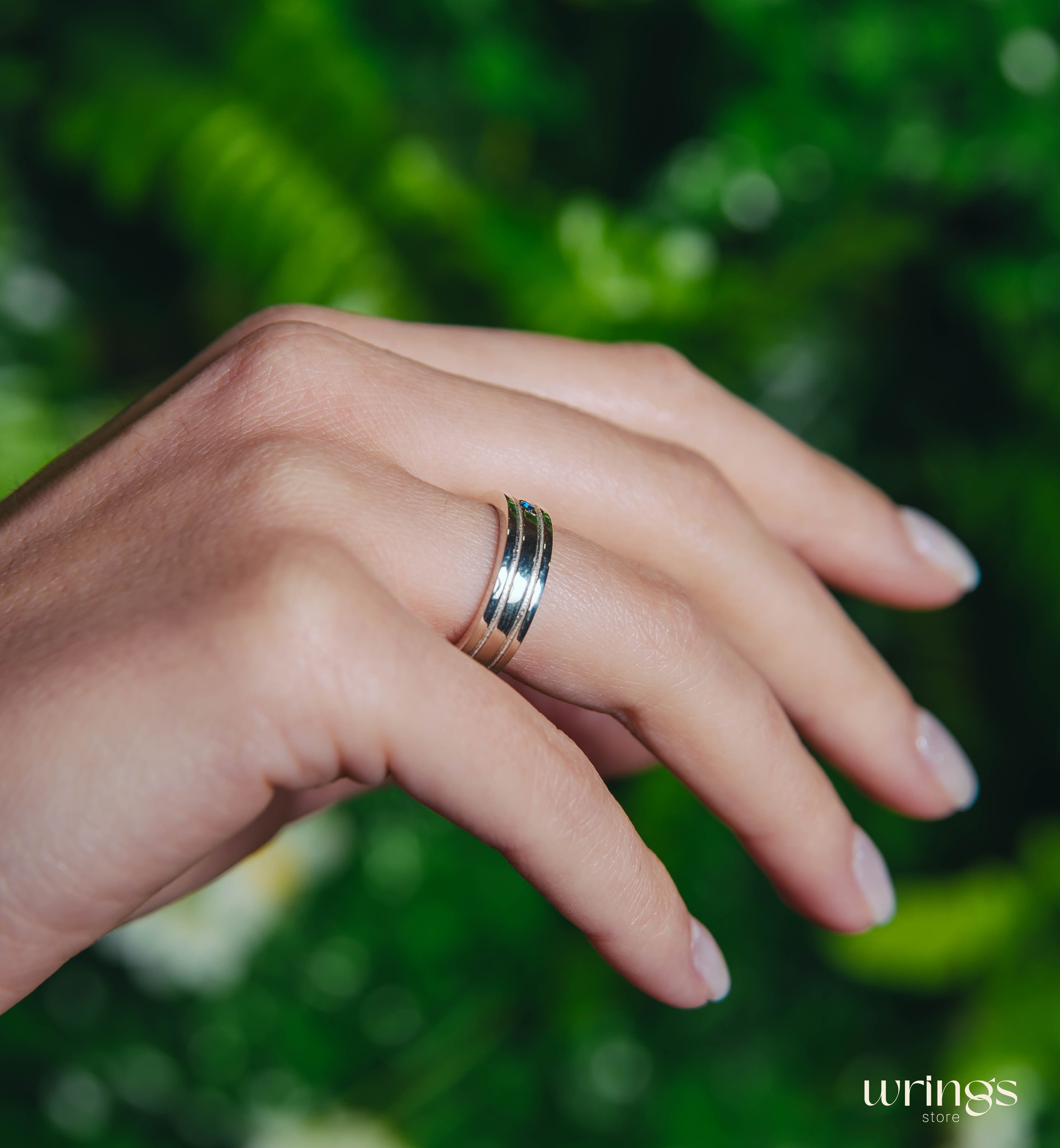 Womens Engraved Silver Wedding Band with Sapphire