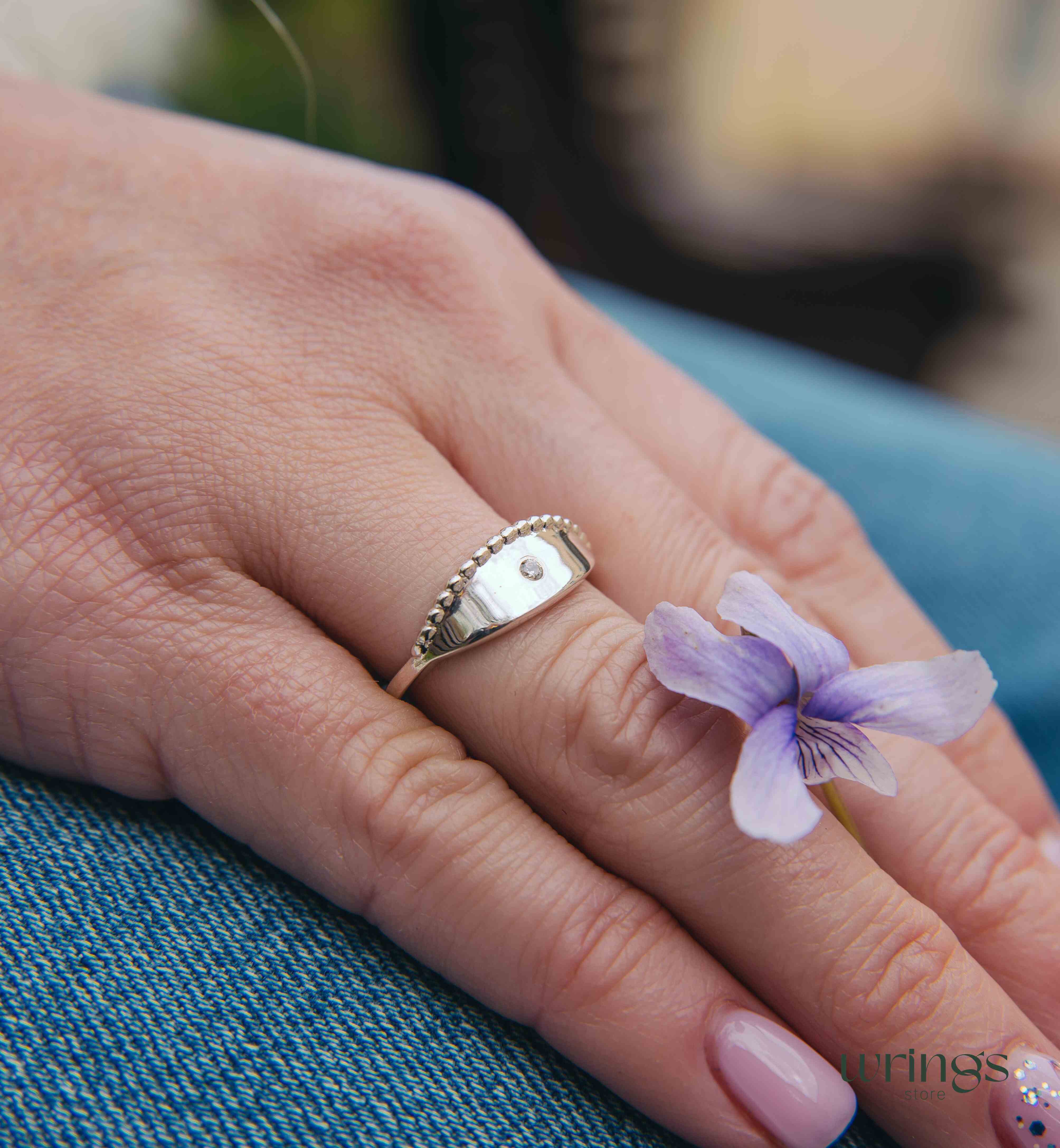 Unique Sterling Silver Boho Wedding Ring with Diamond
