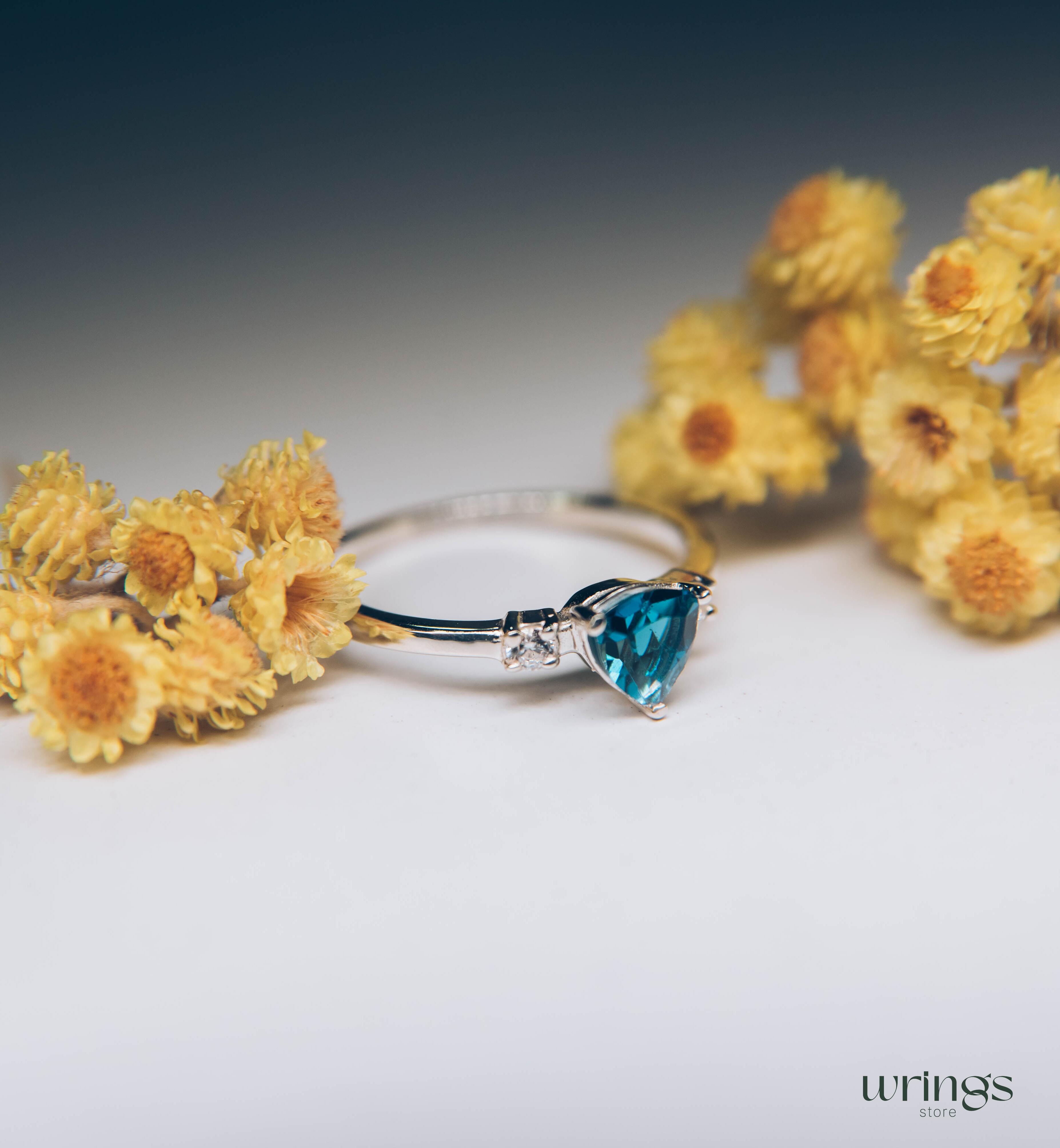 Shiny Trillion Topaz Silver 3 Stone Engagement Ring