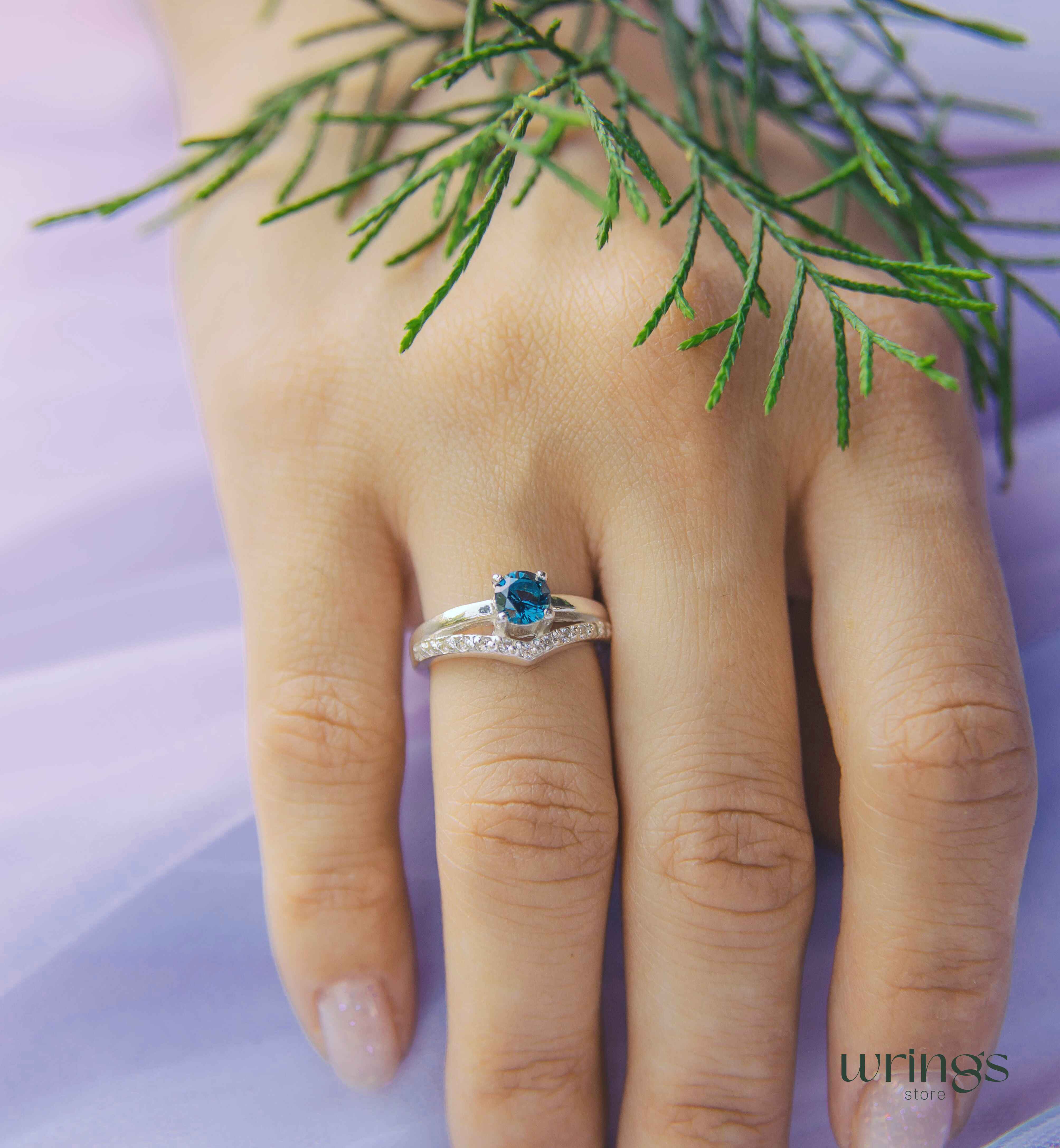 London Blue Topaz Chevron Engagement Ring Silver & CZ