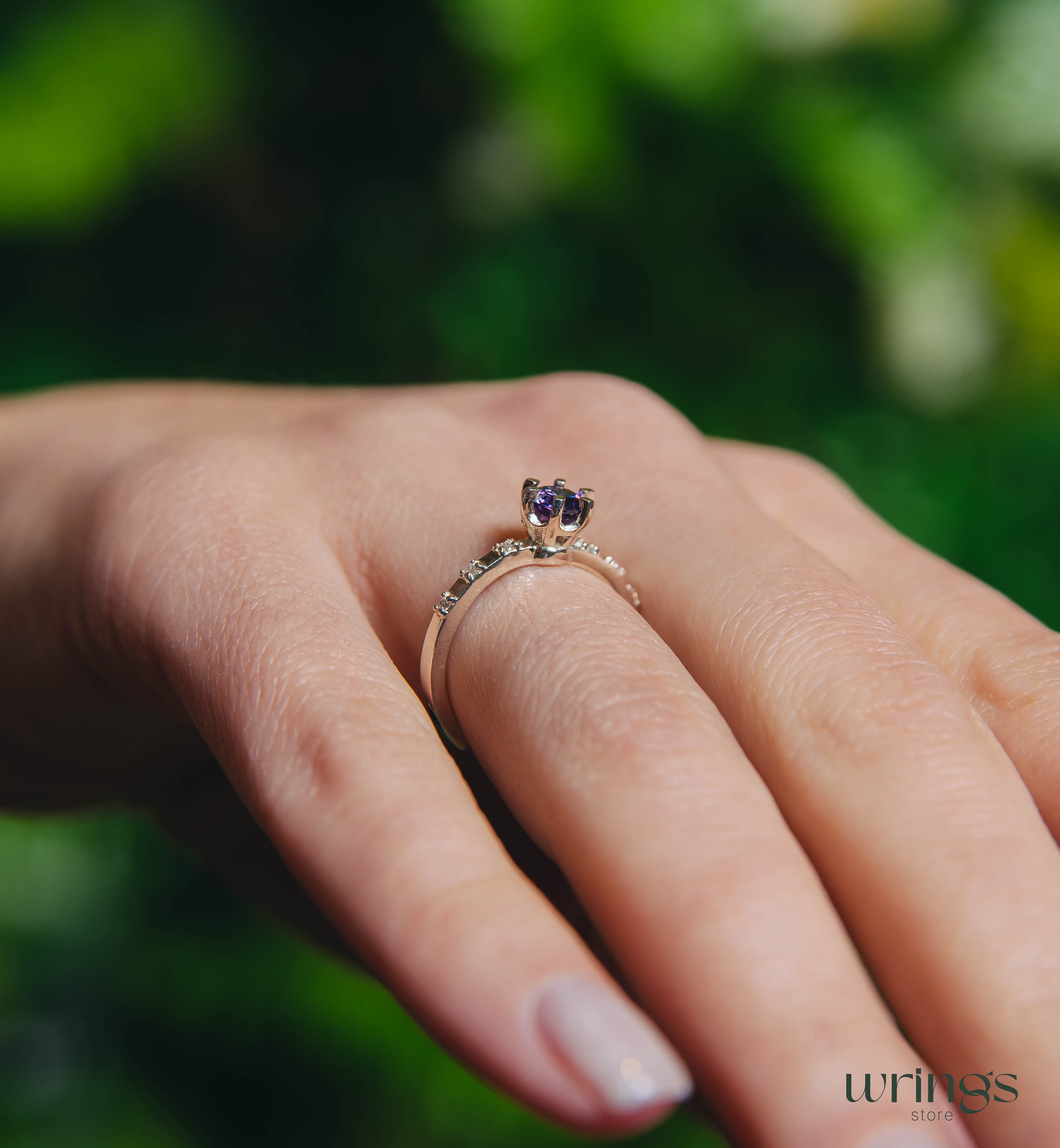 Prong Amethyst Engagement Ring Silver with Side Stones