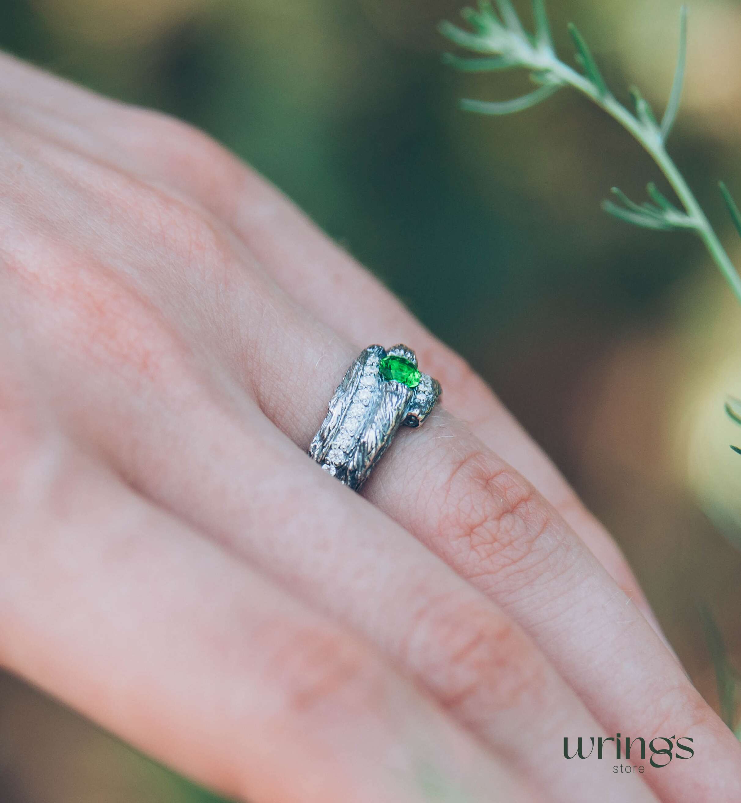 Wide Silver Branch Ring with Magic Emerald & Side CZ
