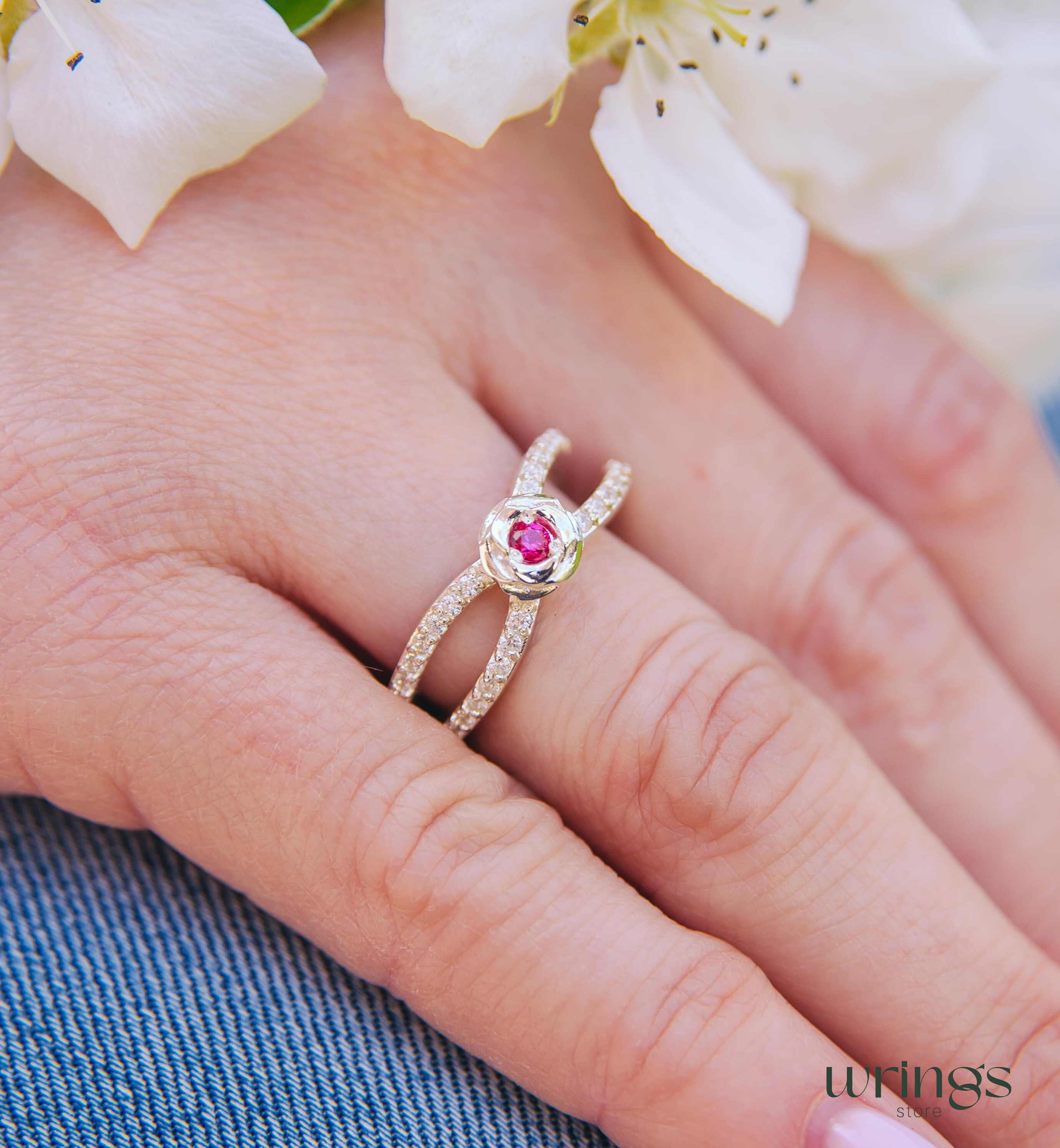 Pink Sapphire Flower Ring Multi Stone Split Shank 925