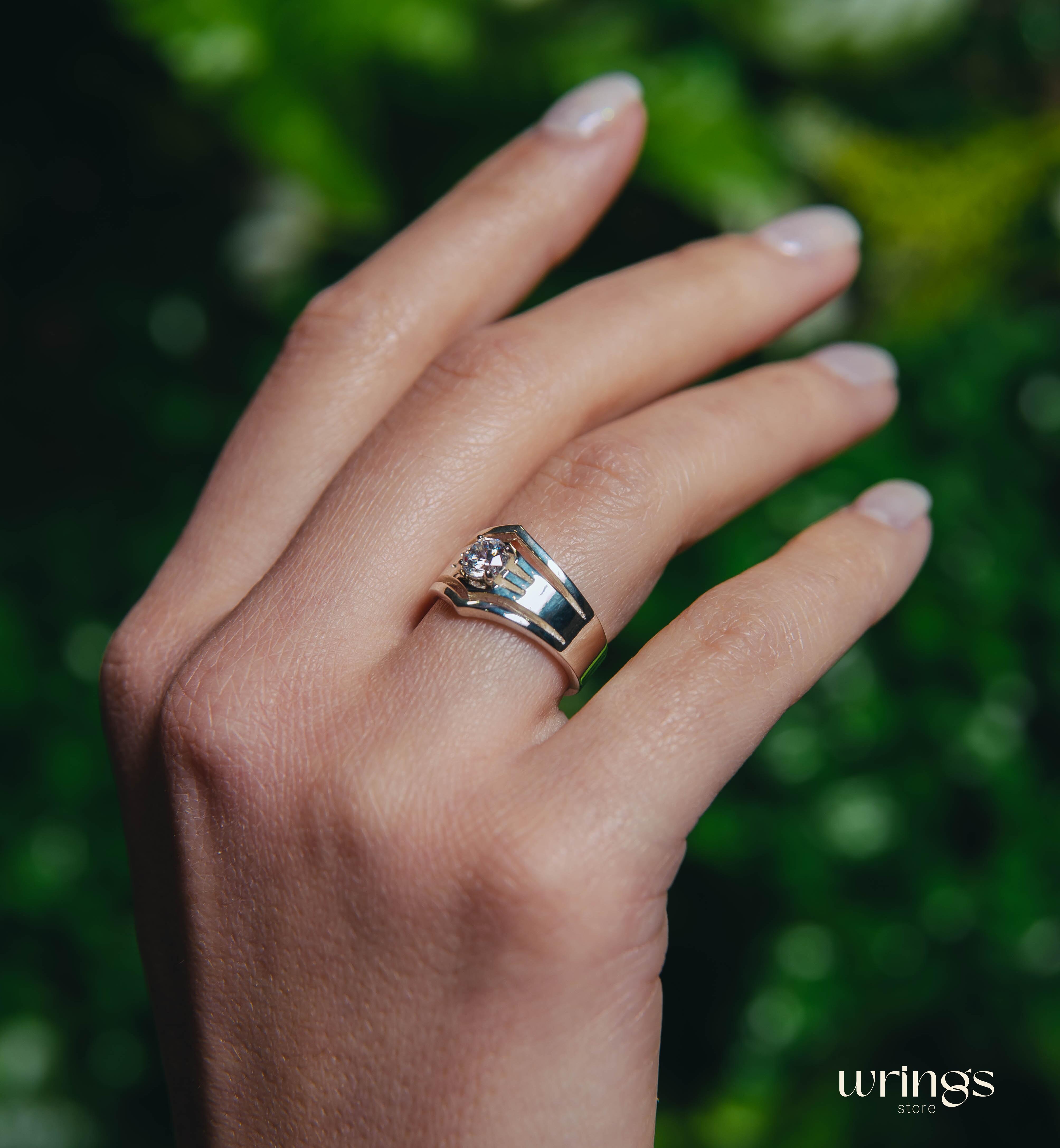 Cocktail Silver Chevron Band with Round Cubic Zirconia