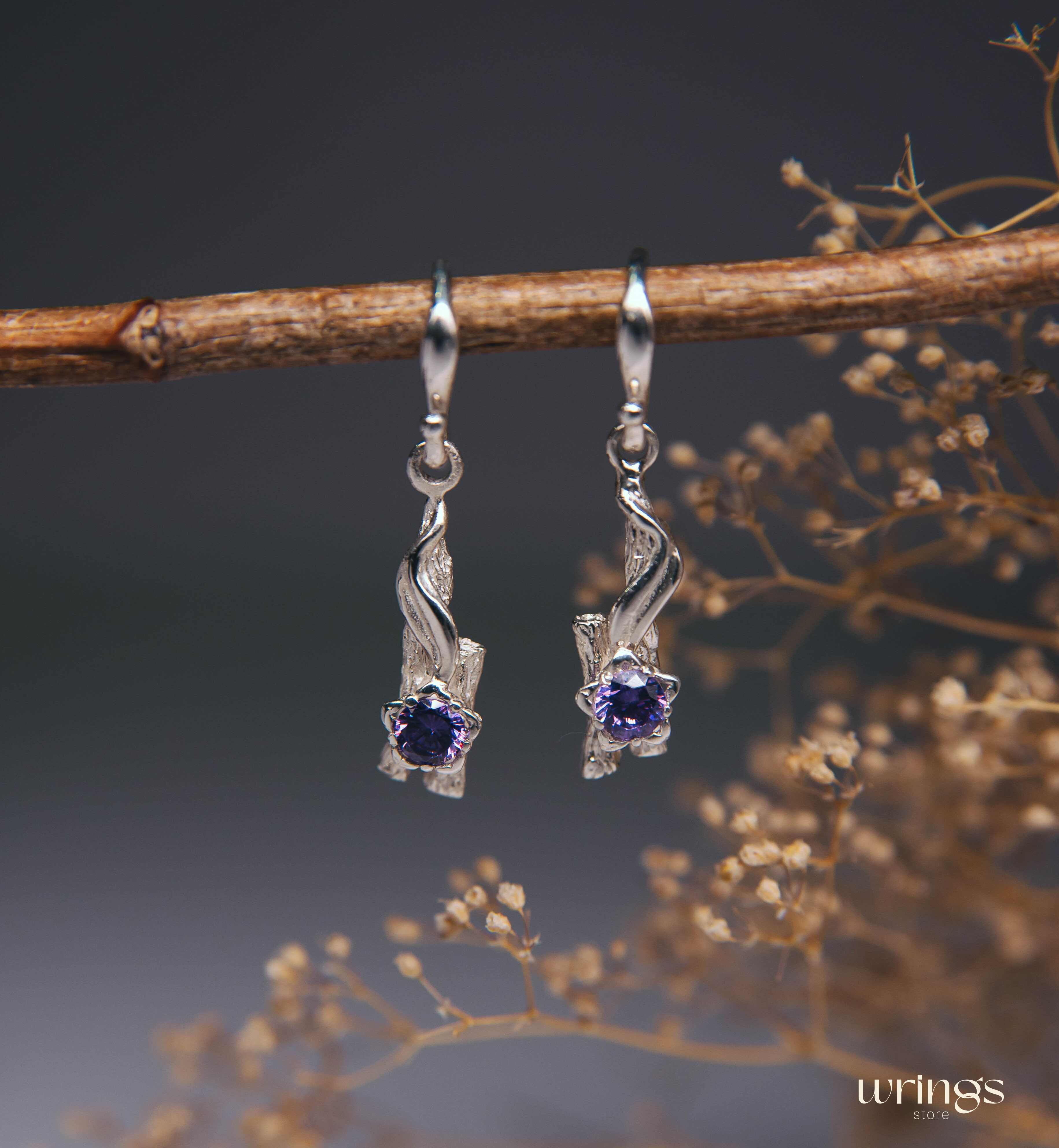 Amethyst Nature Earrings Flower Leaf and Branch Silver