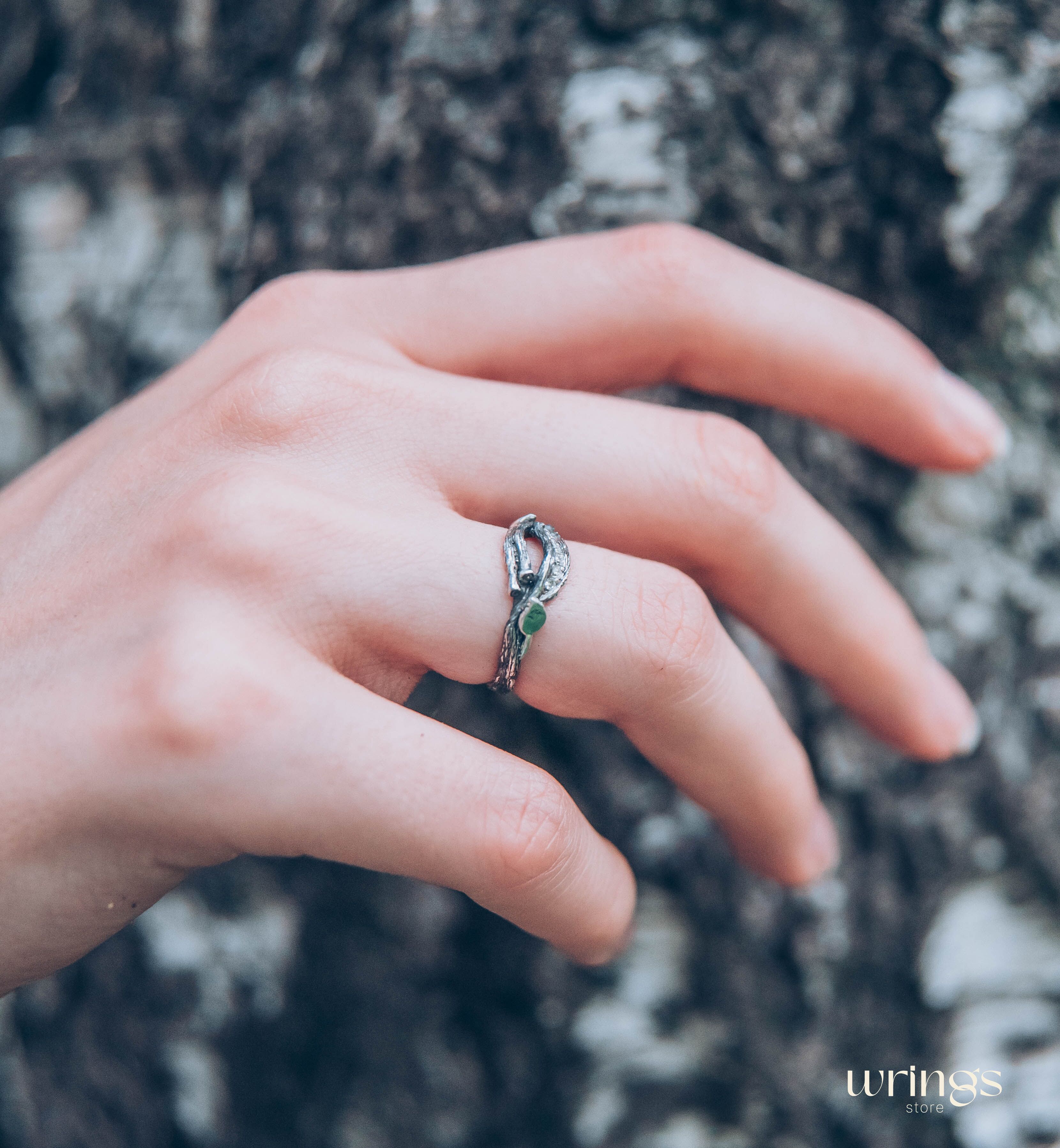 Stones on a Dainty Split Silver Branch & Leaves Cute Ring