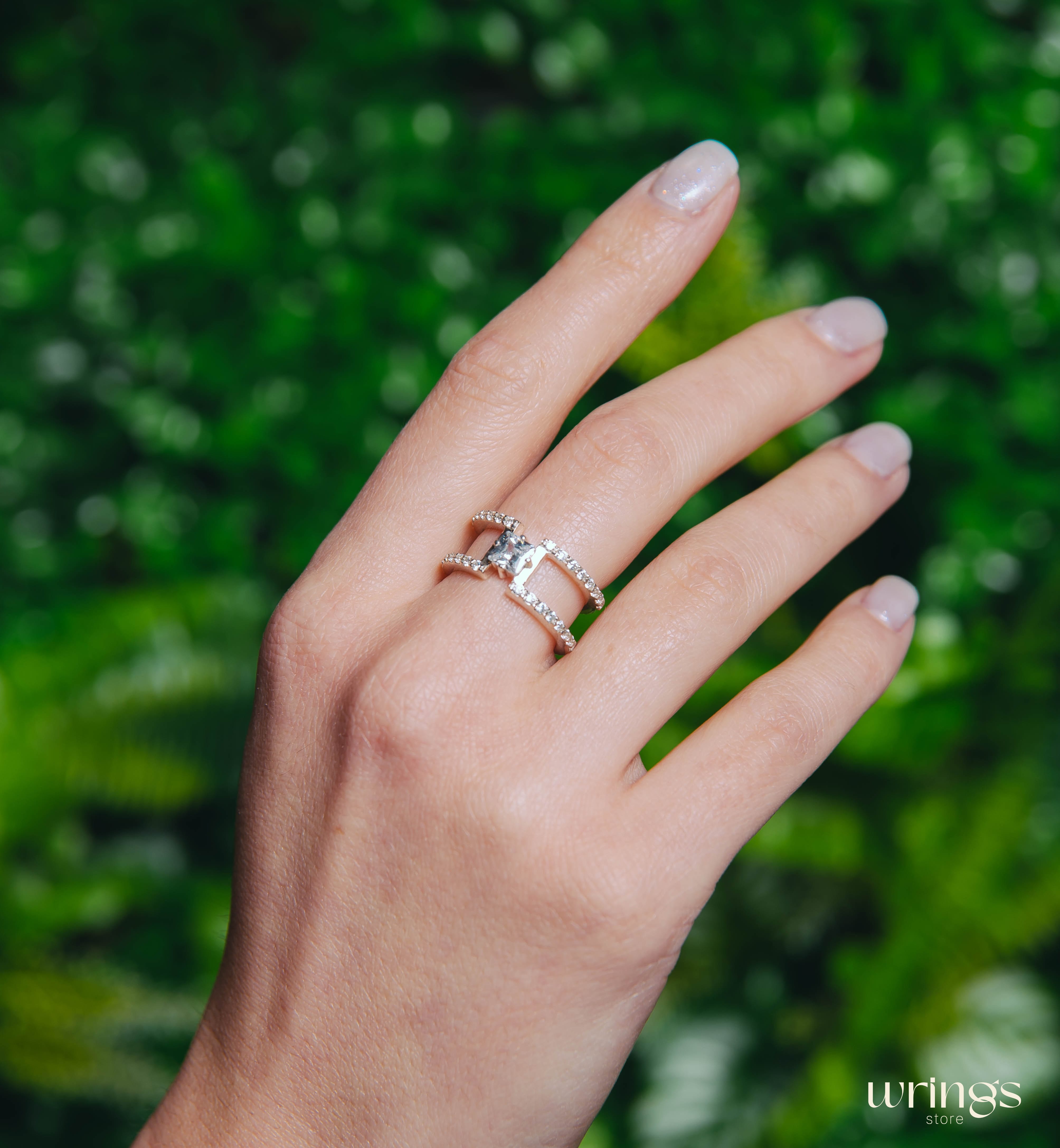 Double Band Silver Cocktail Ring Square Faux Diamond