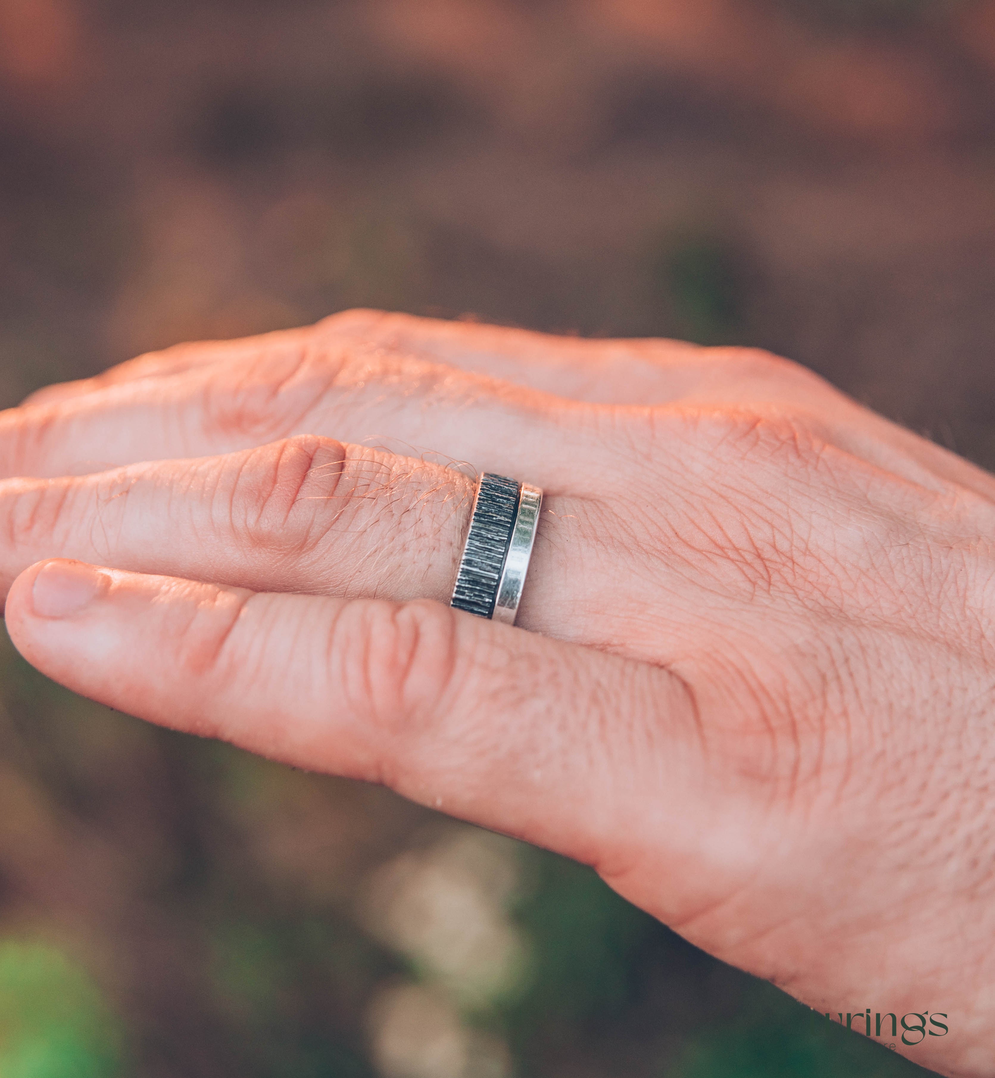 Double Textured Silver Tree Bark Wedding Band Rustic Style
