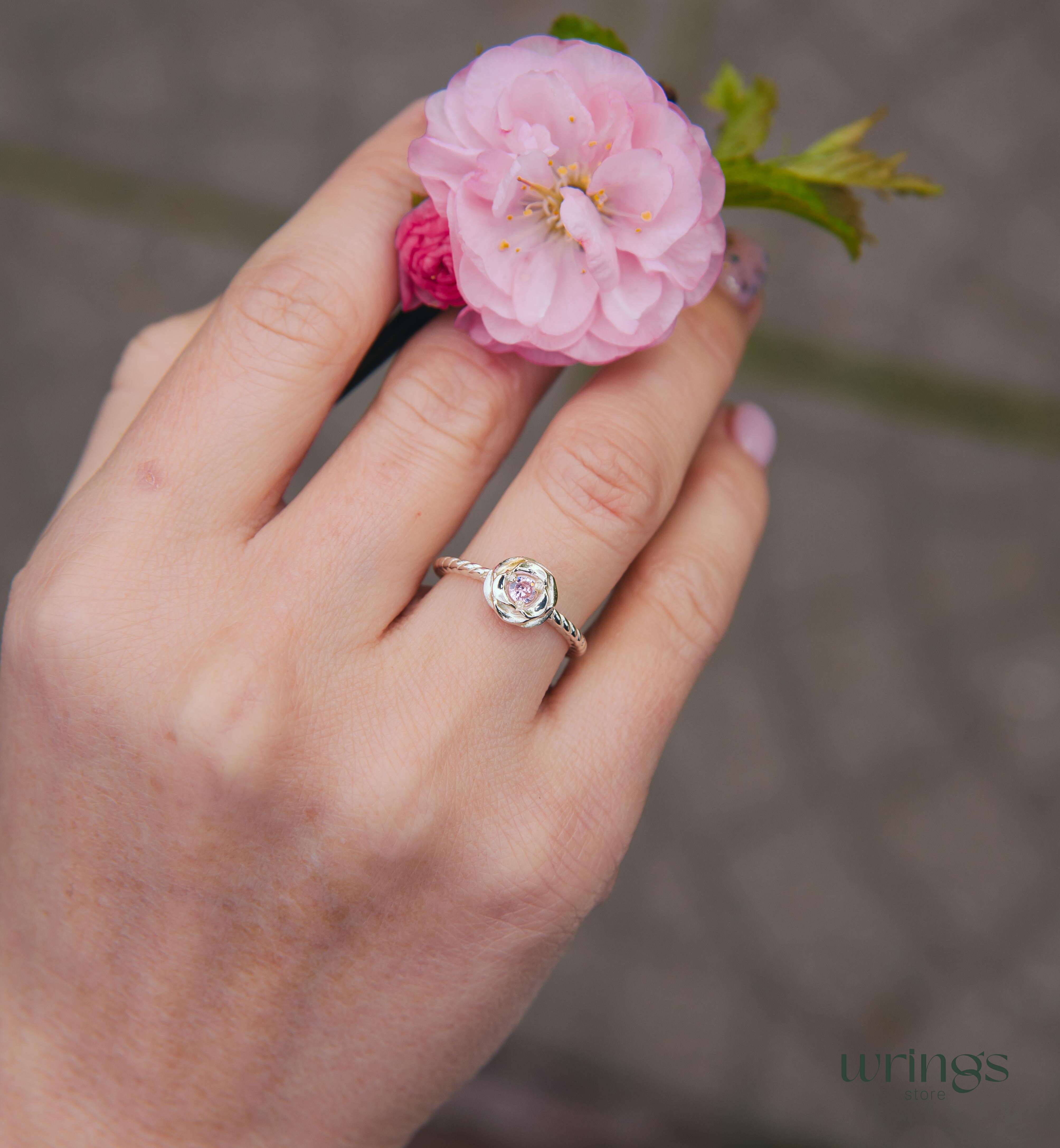 Sterling Silver Flower Ring with Simulated Rose Quartz
